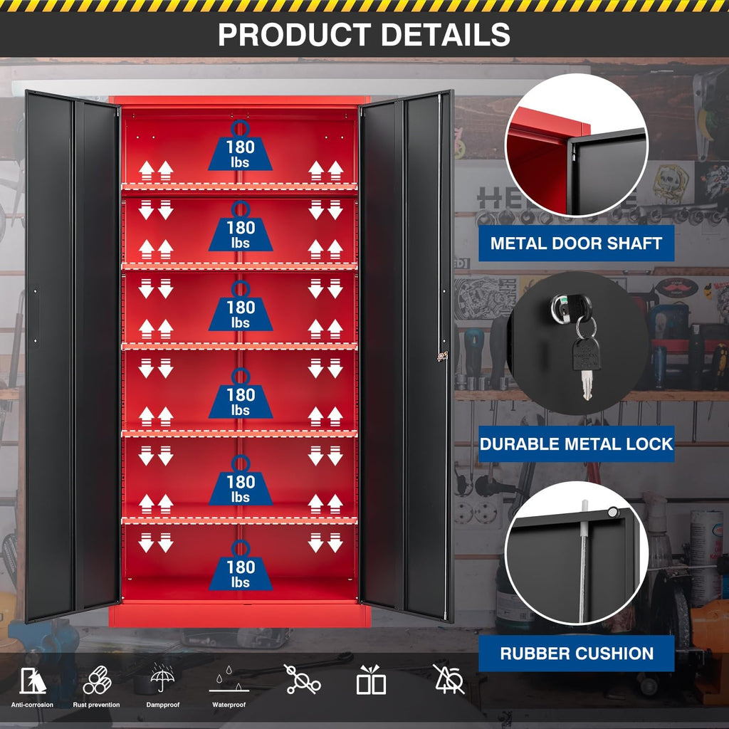 Fesbos Metal Storage Cabinet-71' Tall Steel File Cabinets with Lockable Doors and Adjustable Shelves-Black&Red Steel Storage Cabinet for Home, School, Office, Garage