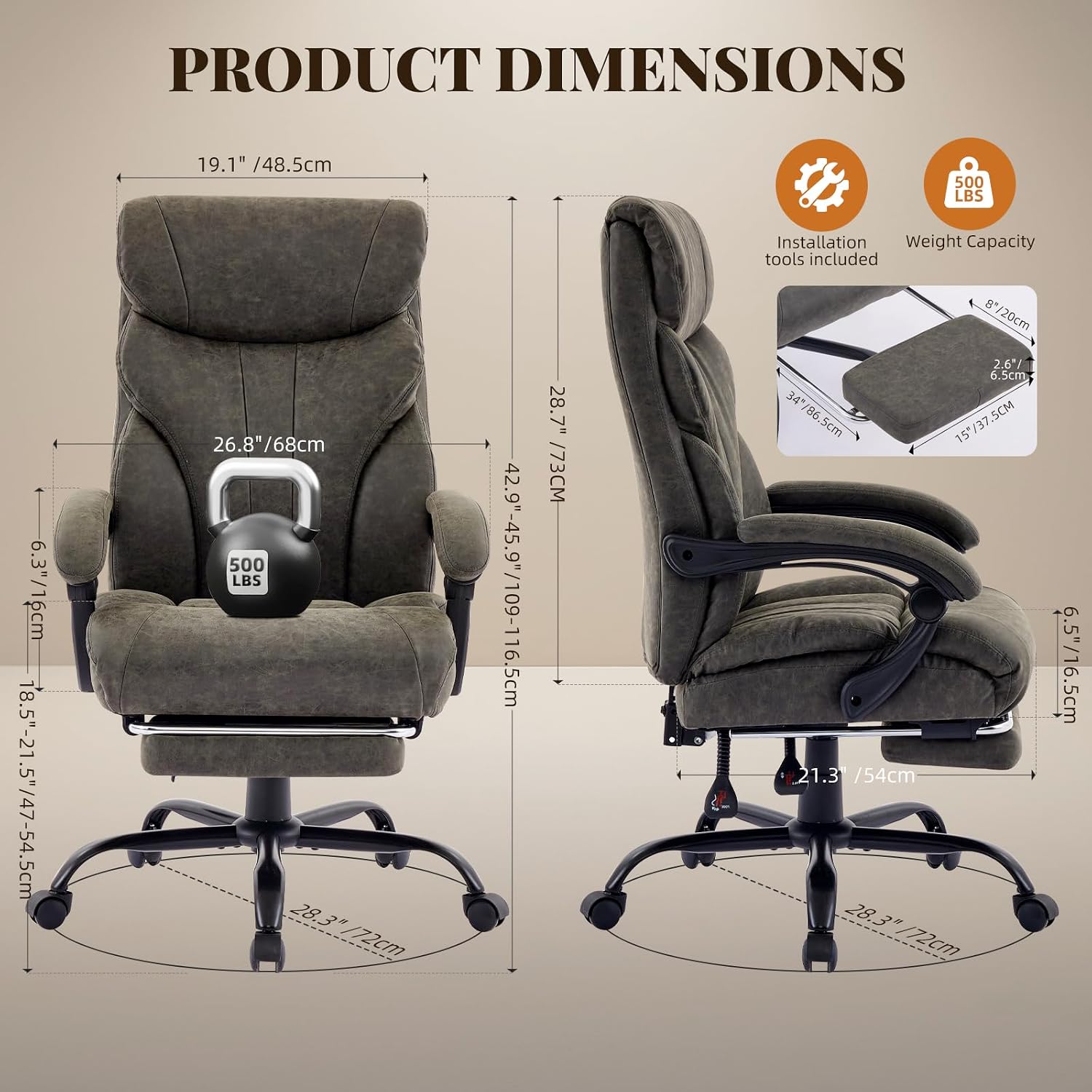 Big and Tall Office Chairs with Foot Rest,500LBS Wide Ergonomic Gaming Chair,100-135°Recline Executive Leather Computer Chairs with Adjustable Height,Gray