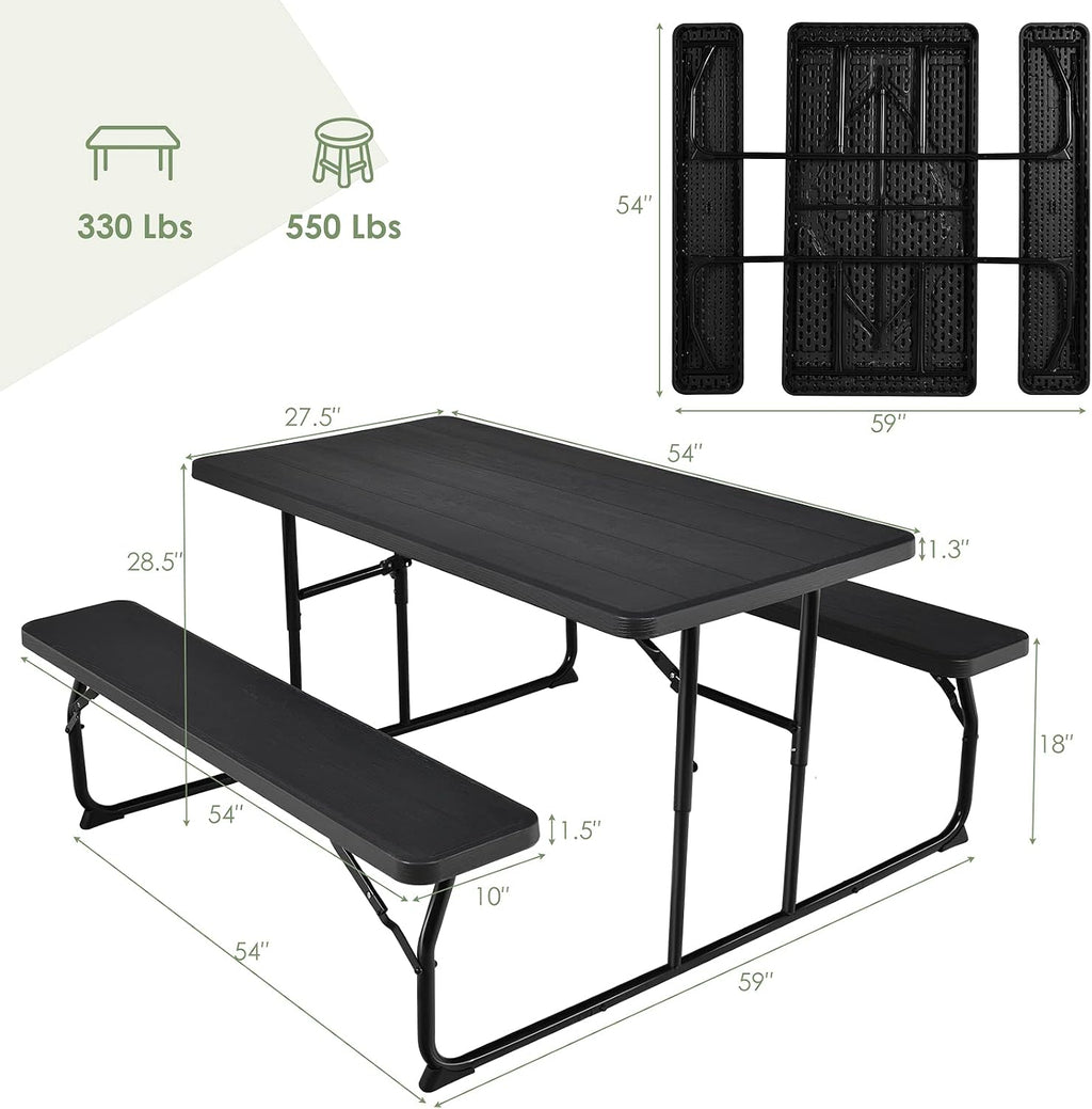 Giantex Folding Picnic Table Bench Set, Outdoor Dining Table Set, Large Camping Table for Patio Deck Lawn Garden Backyard Poolside, Portable Picnic Tables, Weather Resistant Metal Frame, Black