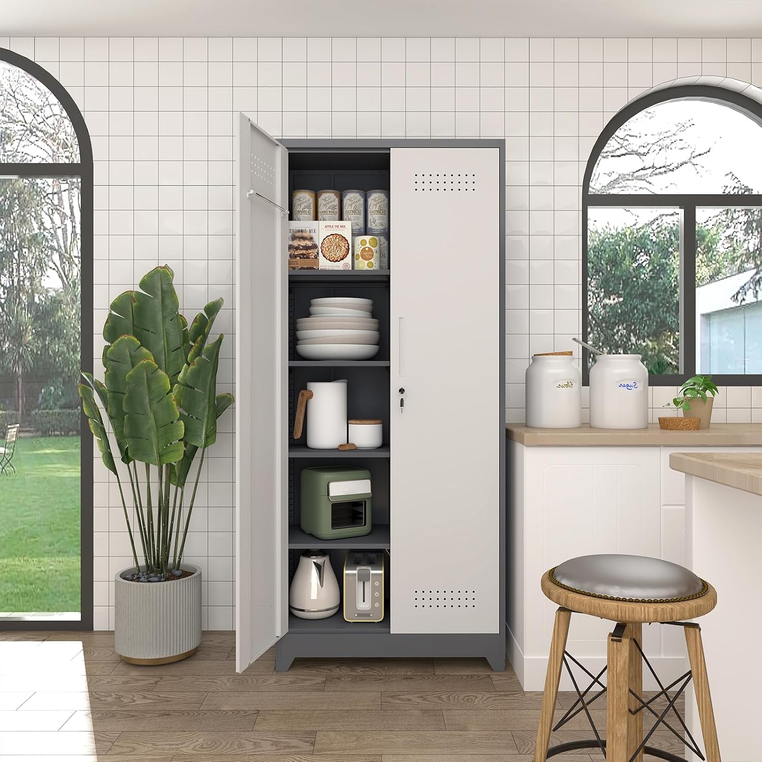 Broom Storage Cabinet, Metal Cabinet with Shelves and Hanging Rod, 72.8' Utility Cabinets with Locking Door, Tall Cleaning Storage for Kitchen, Pantry, Office, Shop, Garage
