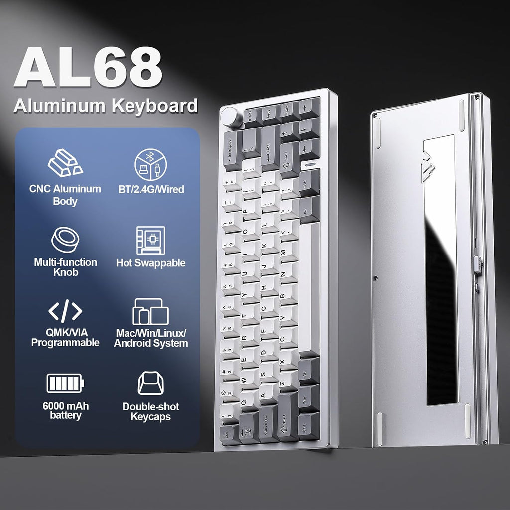 YUNZII AL68 Wireless Mechanical Keyboard,Full Aluminum CNC,60% Layout with Knob, QMK/VIA Software,Gasket Mounted,Hot Swappable,RGB Backlit,BT/2.4G/USB-C for Mac/Win (Silver, Milk V2)