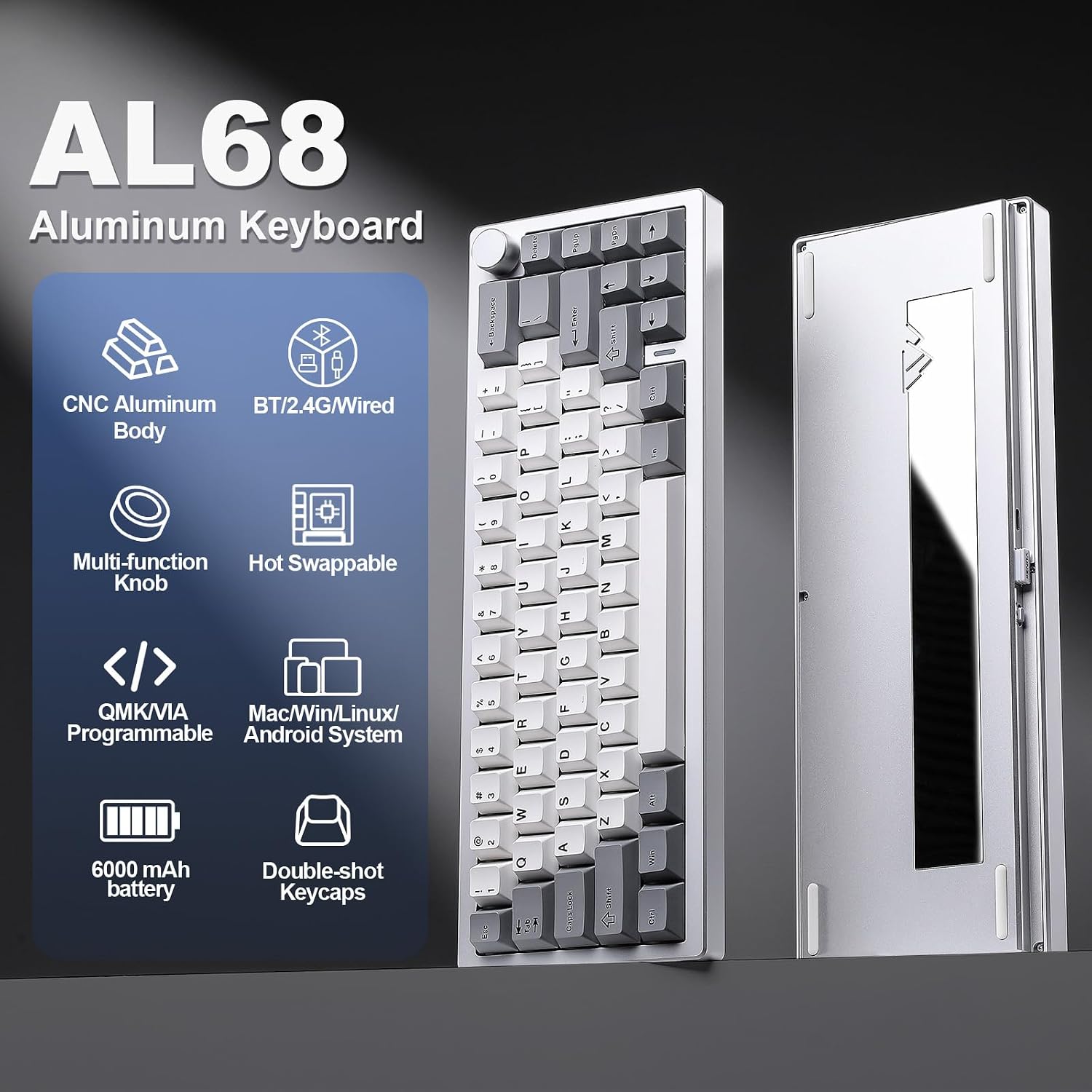 YUNZII AL68 Wireless Mechanical Keyboard,Full Aluminum CNC,60% Layout with Knob, QMK/VIA Software,Gasket Mounted,Hot Swappable,RGB Backlit,BT/2.4G/USB-C for Mac/Win (Silver, Milk V2)