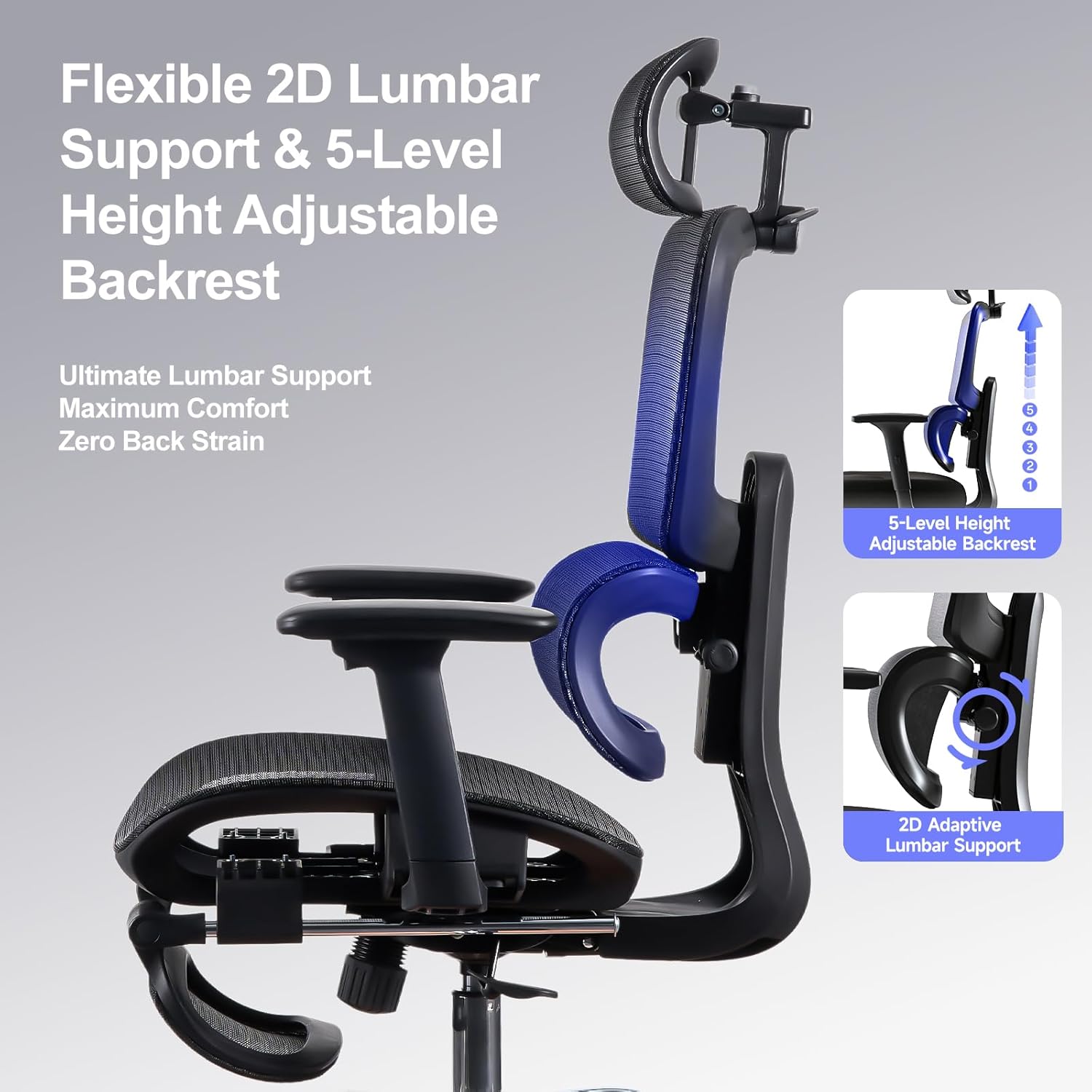 Office Chair with Footrest, Ergonomic Chair with 3D Headrest, Computer Chair with Adjustable Backrest & 3D Armrest, Gaming Chair with Adaptive Lumbar Support, Mesh Backrest & Cushion, Black