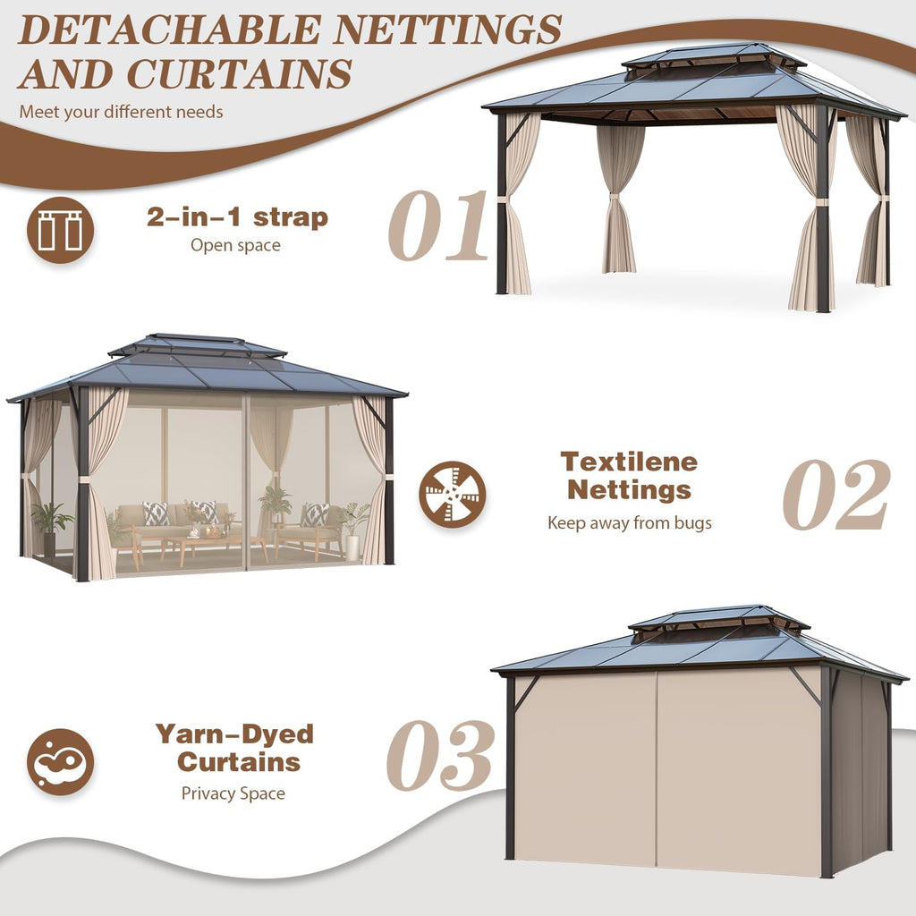 EROMMY 12'x16' Gazebo Polycarbonate Double Roof Pavilion Gazebo Outdoor Aluminum Frame Canopy with Netting and Curtains for Garden Patio Lawns Parties