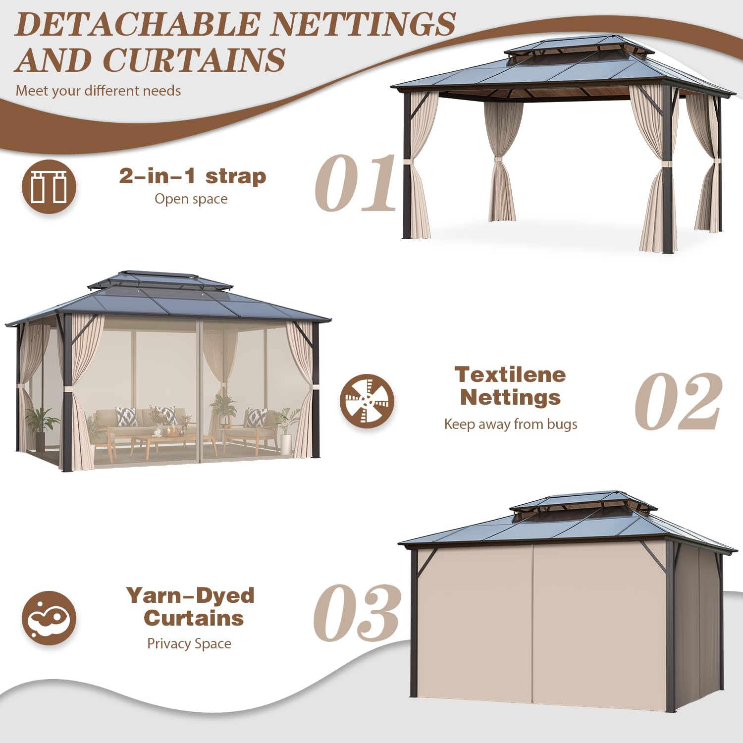 EROMMY 12'x16' Gazebo Polycarbonate Double Roof Pavilion Gazebo Outdoor Aluminum Frame Canopy with Netting and Curtains for Garden Patio Lawns Parties