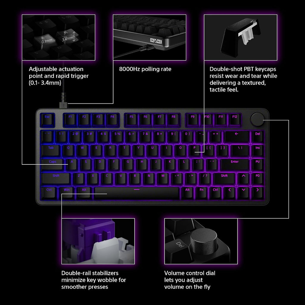 Sony INZONE KBD-H75 75% Wired CNC Aluminum Frame Gaming Keyboard, Hall-Effect Switch, Rapid Trigger, Adjustable Actuation Point, 8000 Hz Polling Rate, RGB Lighting, Volume Dial