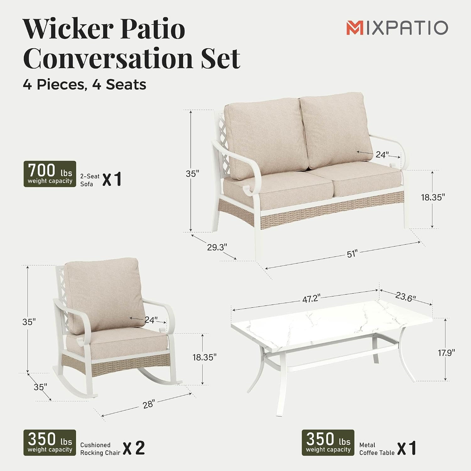 MIXPATIO 4 Piece Patio Furniture Set, 2 x Rocking Chair, 1 x 2-Seat Sofa with Marbling Coffee Table, All Cushioned 4 Seats Outdoor Conversation Set for Lawn Garden Backyard, Beige