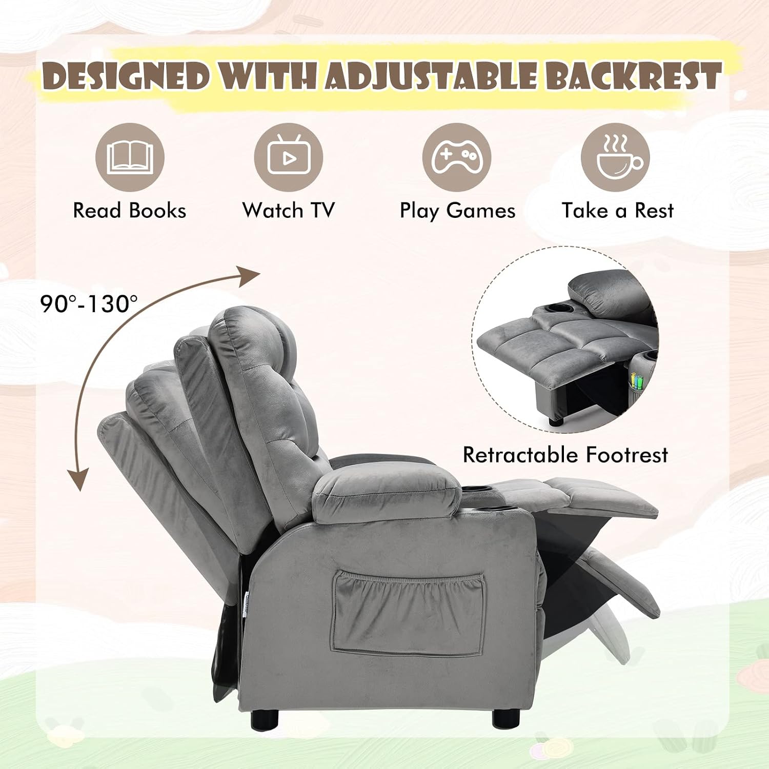MAT EXPERT Kids Recliner, Velvet Adjustable Reading Chair w/ 2 Cup Holder, 3 Side Pocket Storage & Footrest, Kids Couch Gaming Chair, Toddler Lounge Chair for Boys Girls, Kids Room Playroom (Grey)