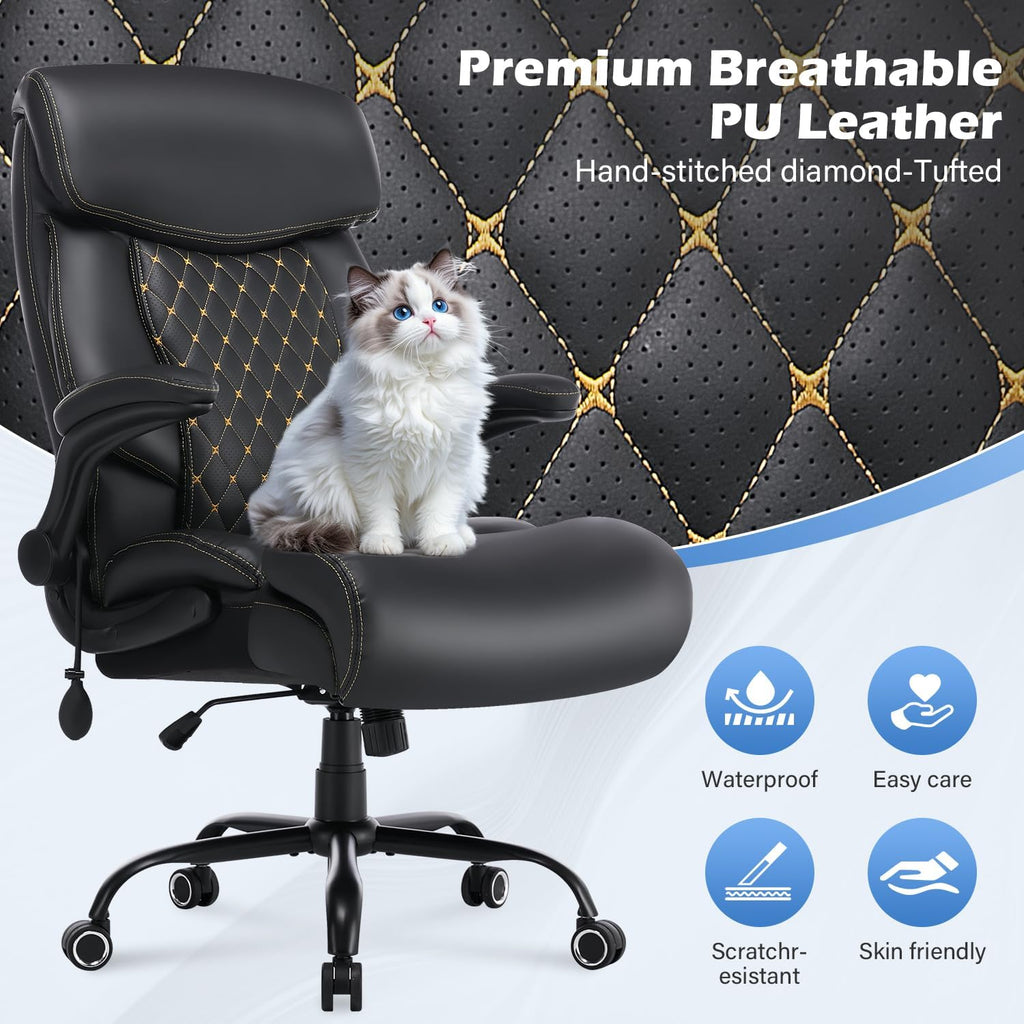 BOSMILLER Big and Tall Office Chair 500lbs for Heavy People with Adjustment Lumbar Support Heavy Duty Leather Executive Office Chair with Quiet Wheels