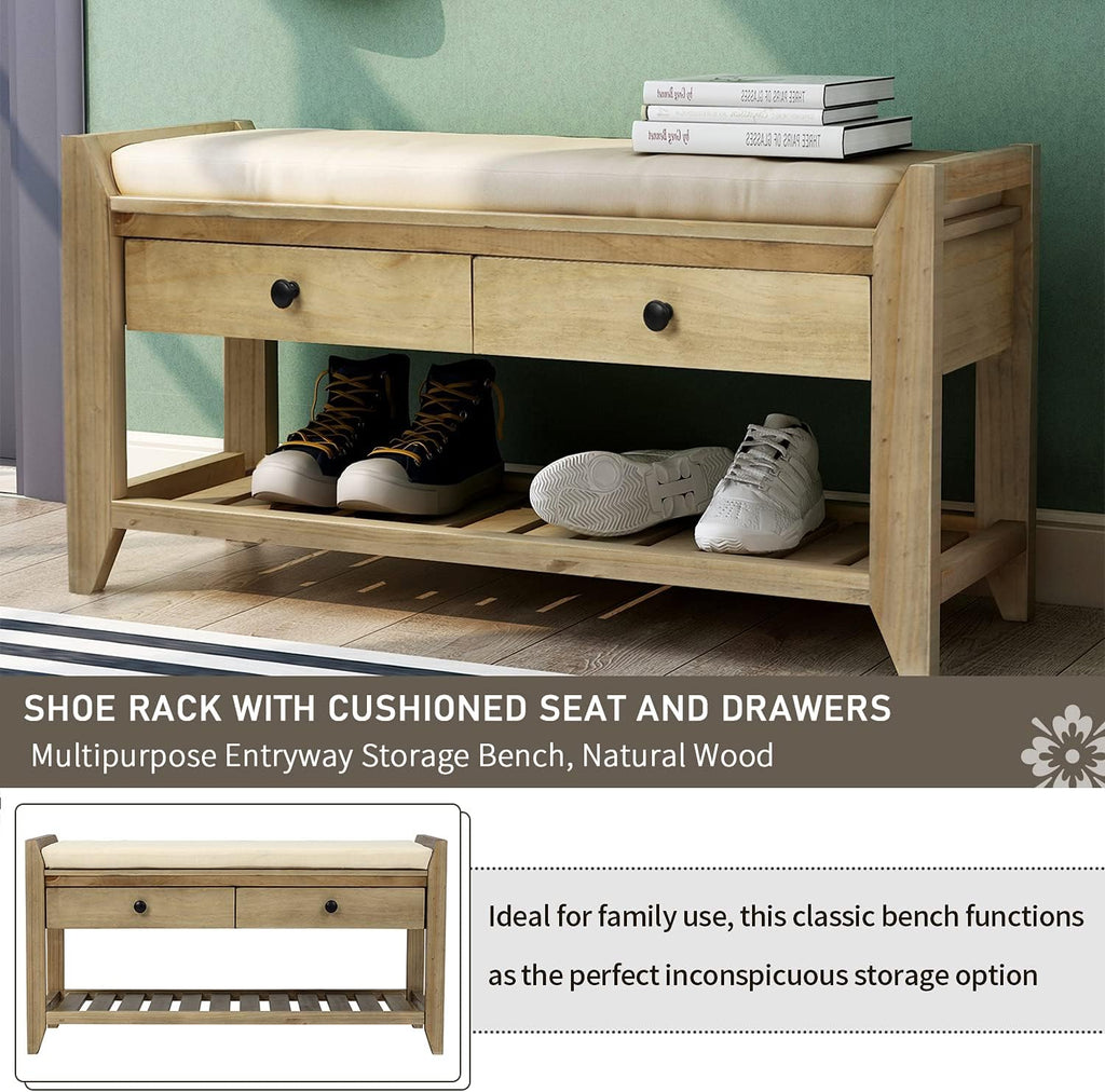 Harper & Bright Designs TREXM Shoe Rack with Cushioned Seat and Drawers, Multipurpose Entryway Storage Bench (Gray Wash)