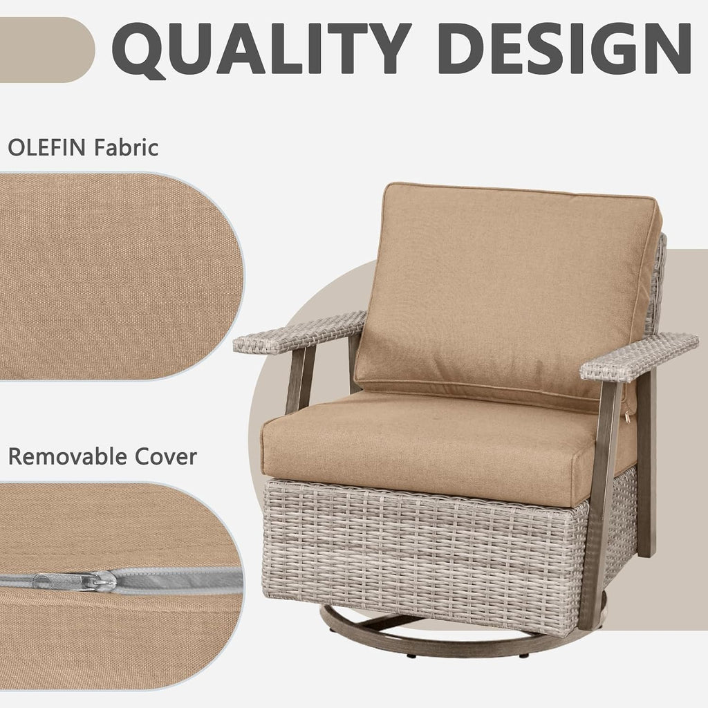 3 Pieces Outdoor Patio Furniture Set with Swivel Rocking, PE Wicker Outdoor Swivel Chairs Set of 2 with Side Table, Oversized Patio Rocking Chairs Set for Porch, Balcony, Deck, Backyard(Camel)
