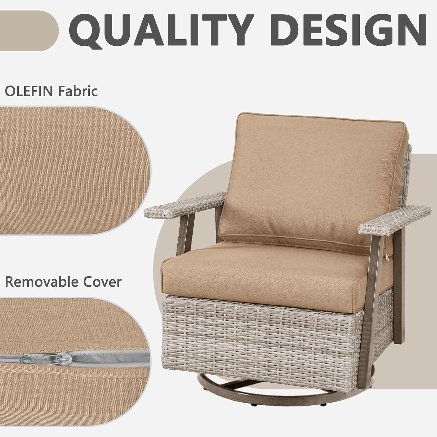 3 Pieces Outdoor Patio Furniture Set with Swivel Rocking, PE Wicker Outdoor Swivel Chairs Set of 2 with Side Table, Oversized Patio Rocking Chairs Set for Porch, Balcony, Deck, Backyard(Camel)