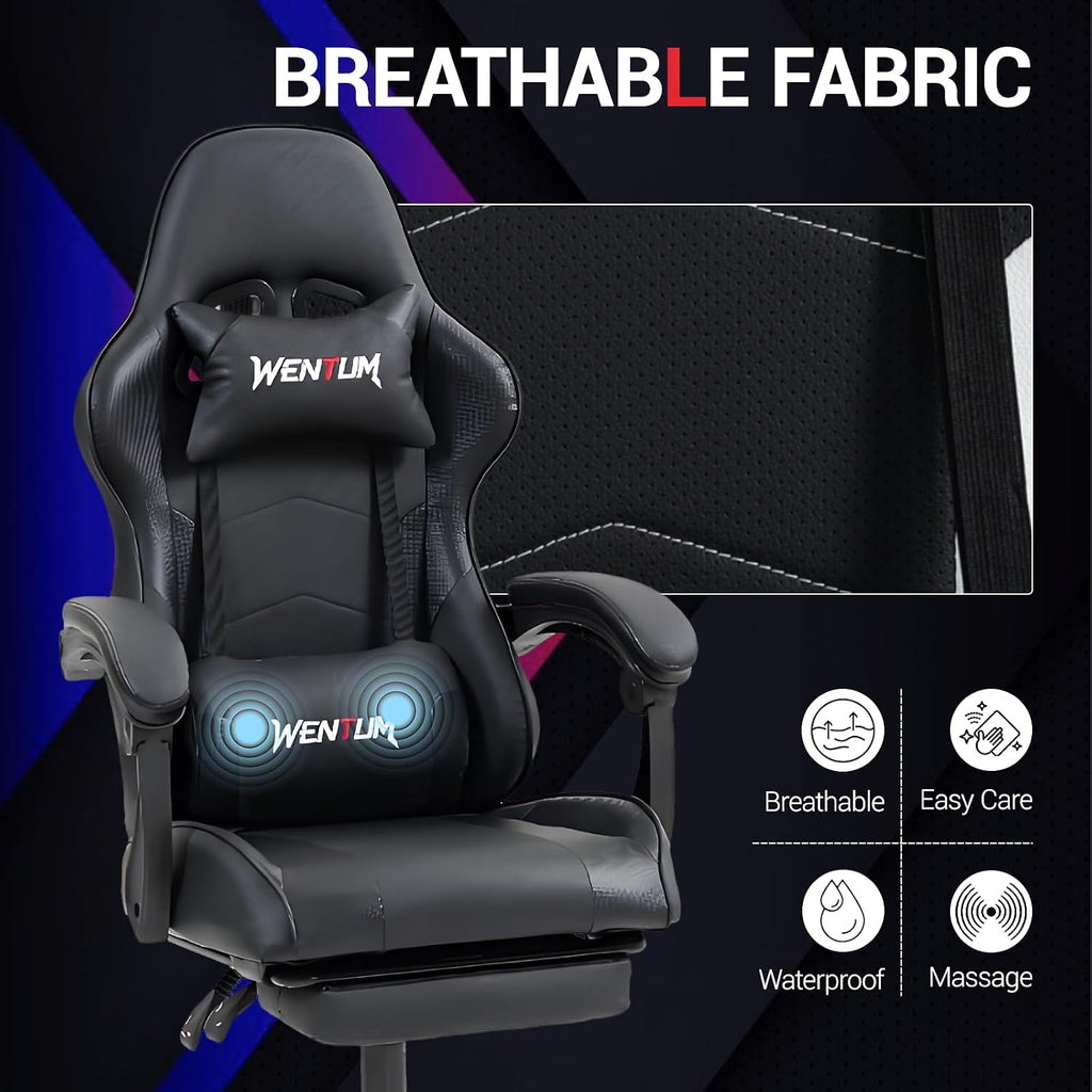 Gaming Chair, Video Game Chair with Footrest and Massage Lumbar Support, Height Adjustable Ergonomic Computer Chair with Swivel Seat and Headrest for Home Office Gaming, Black