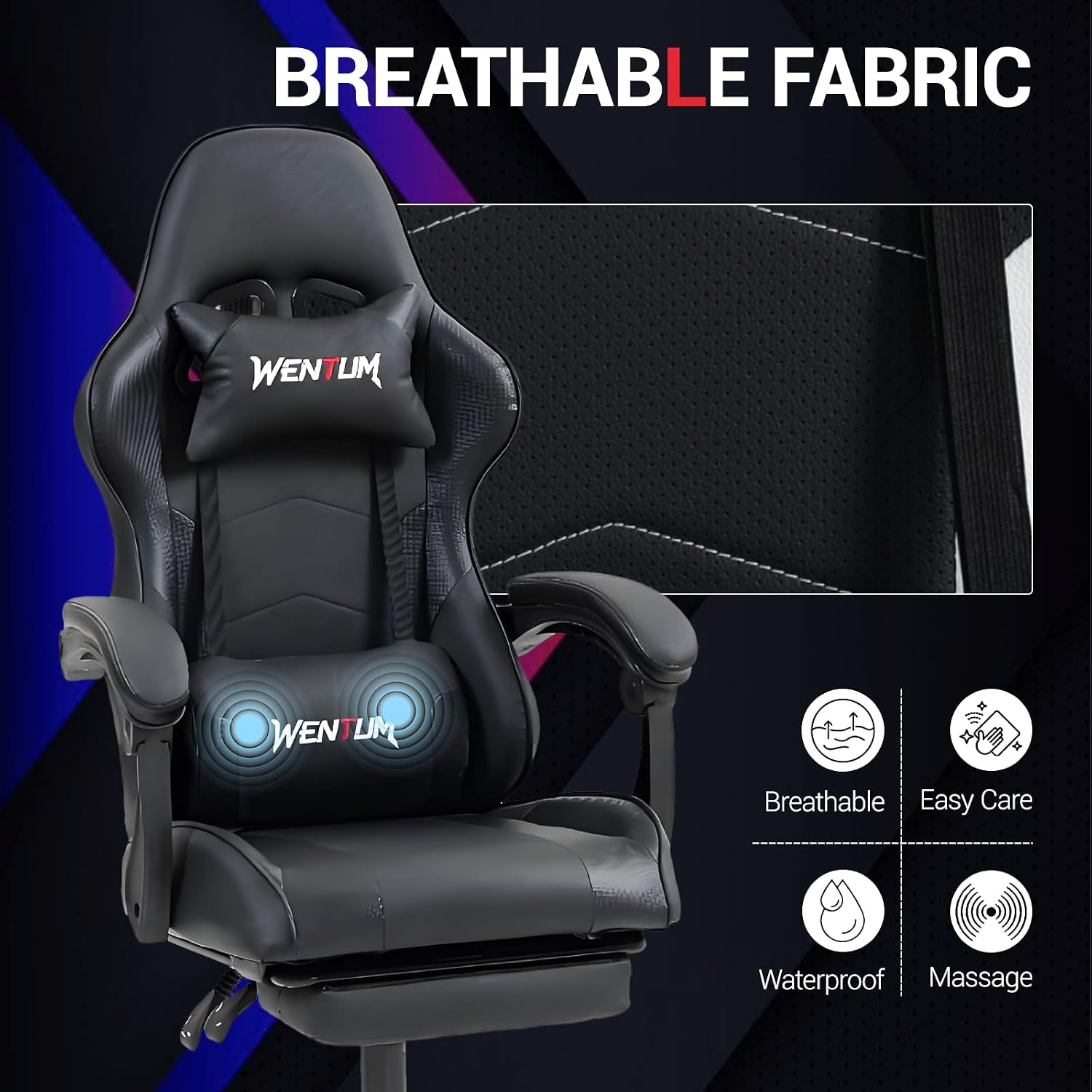Gaming Chair, Video Game Chair with Footrest and Massage Lumbar Support, Height Adjustable Ergonomic Computer Chair with Swivel Seat and Headrest for Home Office Gaming, Black