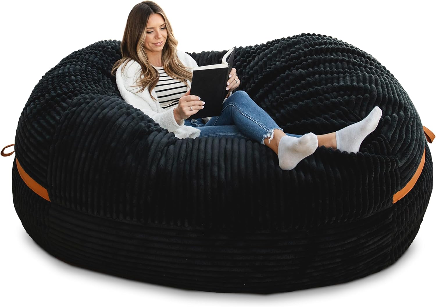 Big Joe Fuf 8Ft Giant Foam Bean Bag Chair, Oversized Couch with Removable Cover for Kids, Teens, Adults, Black Licorice Corded Plush, 8 Foot