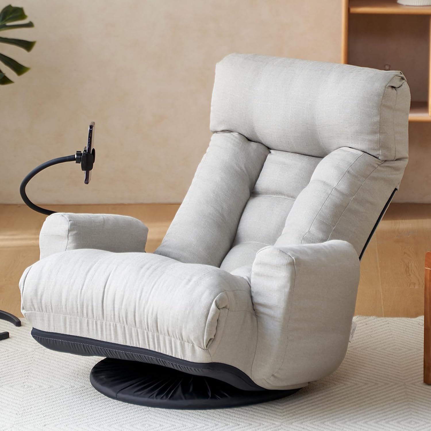 Floor Chair with Back Support, Swivel Gaming Chair with 5 Adjustable Position, Meditation Chair with Phone Holder, Linen Indoor Lounge Chair for Lazy Boys, Living Room, Bedroom, Lounge, Grey