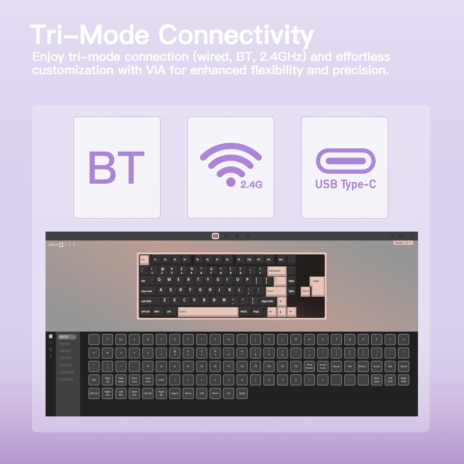 KEEBMONKEY WOBKEY Rainy 75 CNC Aluminum HMX/JWK/Cocoa Switches Triple-Mode Connectivity Mechanical Keyboard with Superior Acoustics, RGB/FR4/Silver SUS304/7000mAh/Cocoa Switch (Pro - Purple)