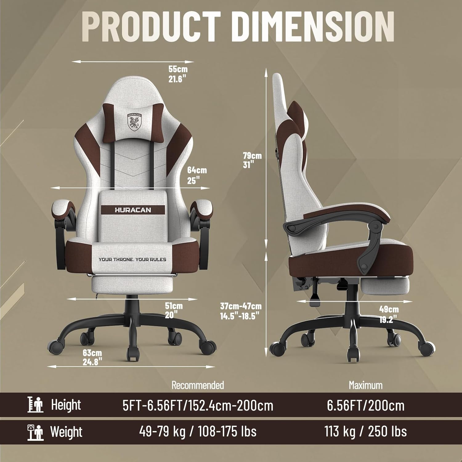 Ferghana Cotton Fabric Gaming Chair with Wider Seat Cushion, Shield-Shaped Embroidery Ergonomic High Back Game Chair with Footrest, Computer Chair with Massage Lumbar Support for Adult, Brown