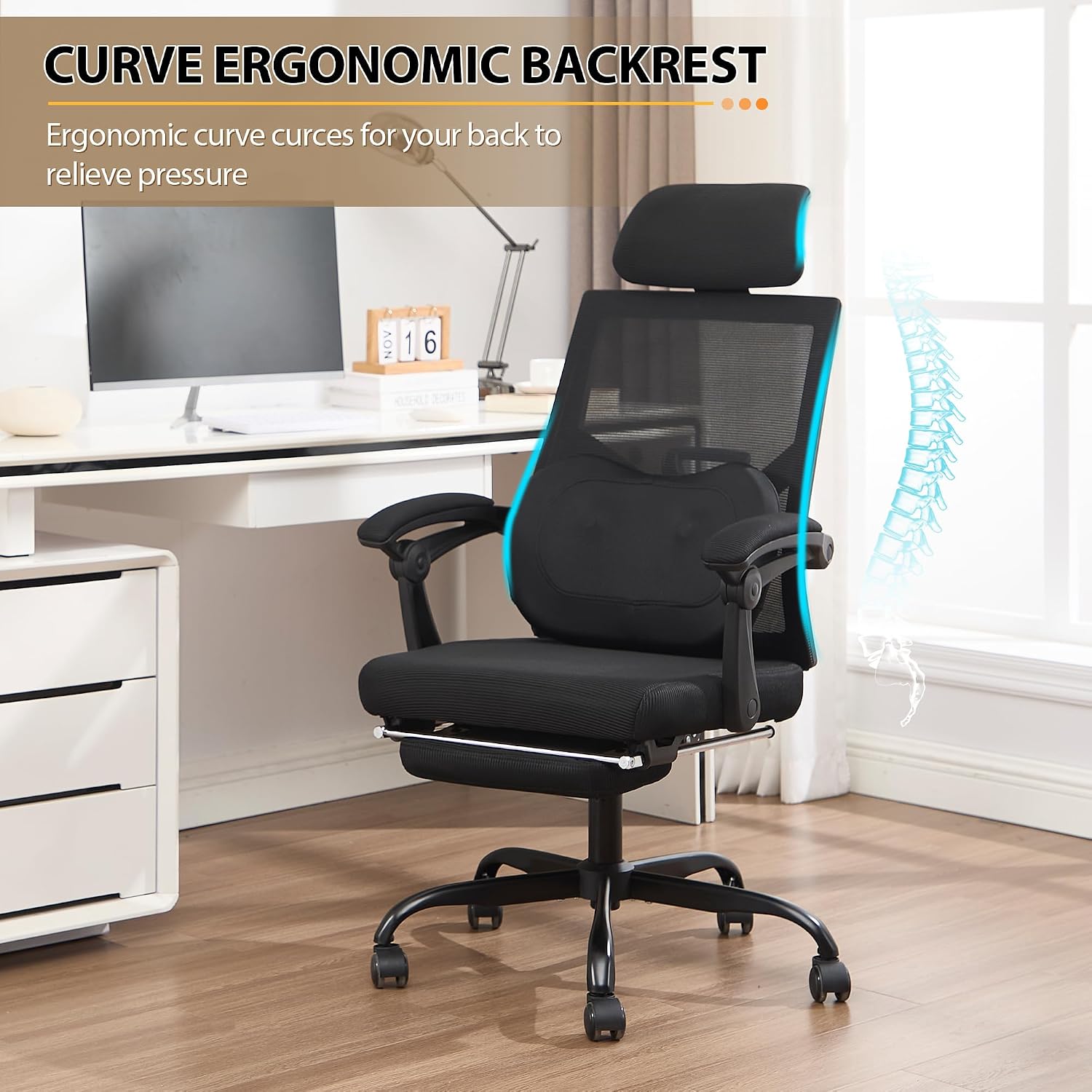 Qulomvs Ergonomic Office Chair with Massage&Heated Lumbar Support, Kneading Massage Office Chair with Foot Rest, Reclining Home Office Desk Chair Adjustable Mesh Computer Desk Chair with Wheels