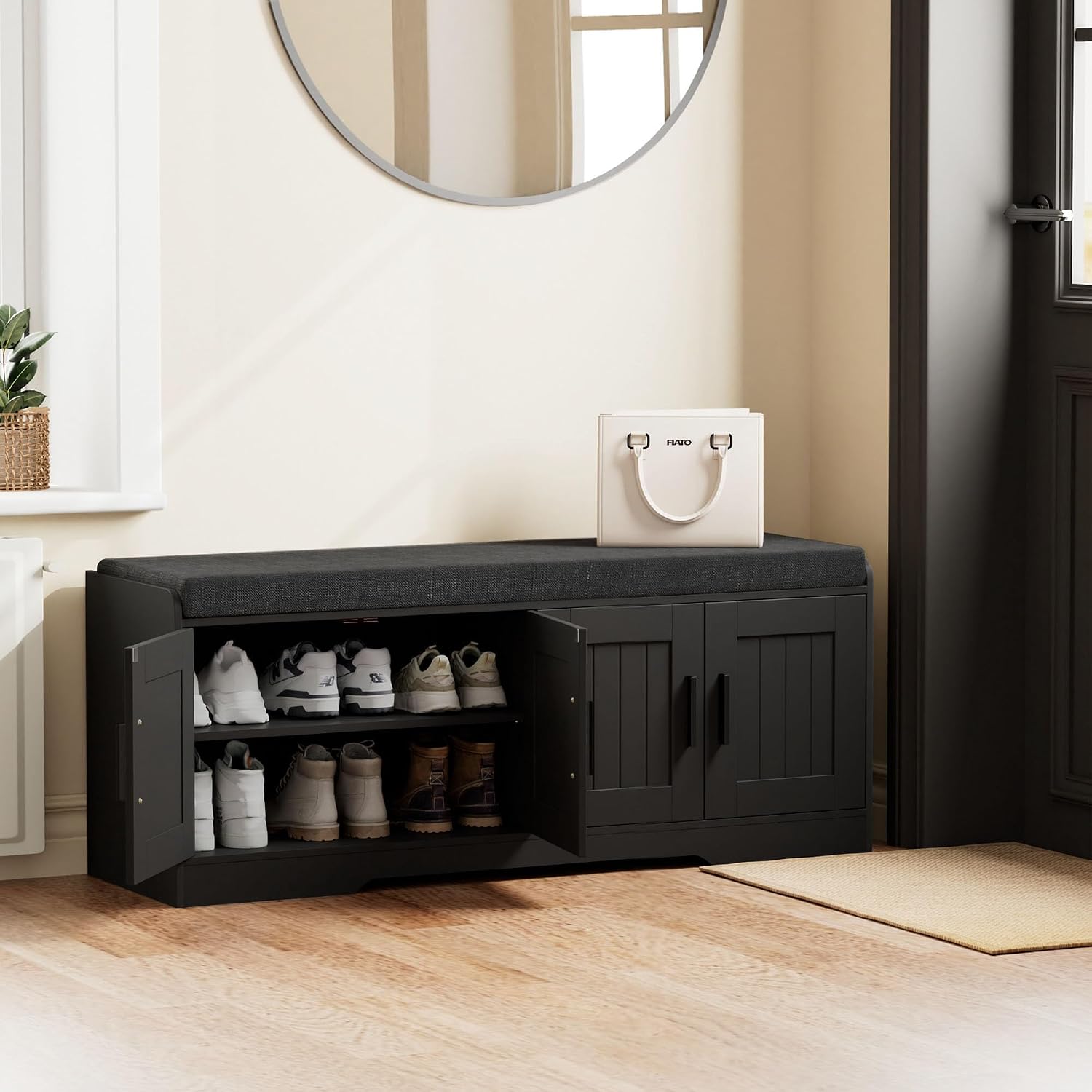 Homleke 2-Tier Storage Bench, Shoe Bench with Thickened Padded Seat Cushion, Entryway Bench with 4 Doors, Adjustable Shelf, 13.8' D x 45.3' W x 18.5' H, for Entryway, Living Room, Bedroom, Black