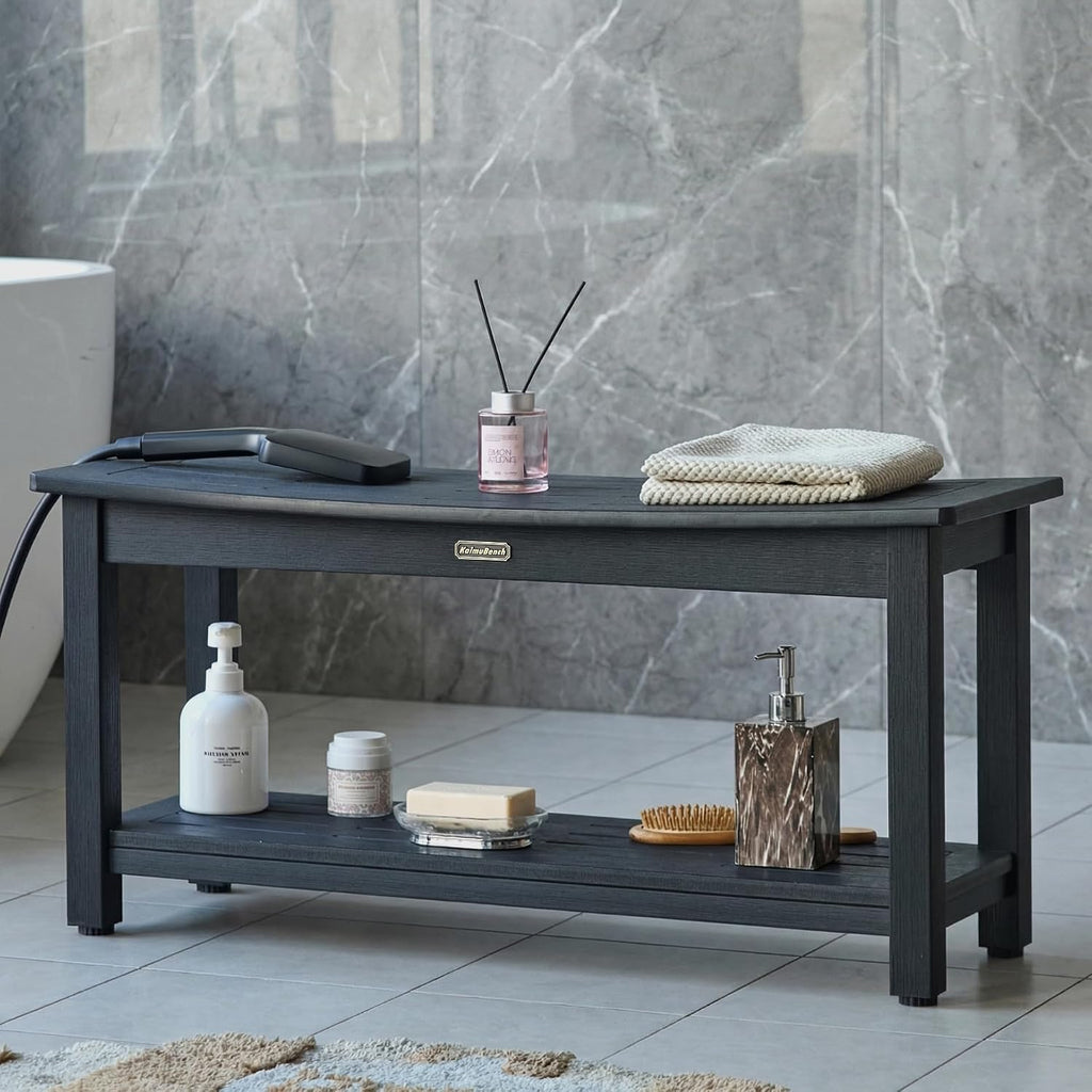 KaimuBench 36'' HDPS Waterproof Shower Bench Seat, Poly Lumber Shower Stool for Shaving Legs, Plastic Bath Chair Seat with Adjustable Feet, Non-Slip & No Maintenance, Black (36 x 13 Inches)