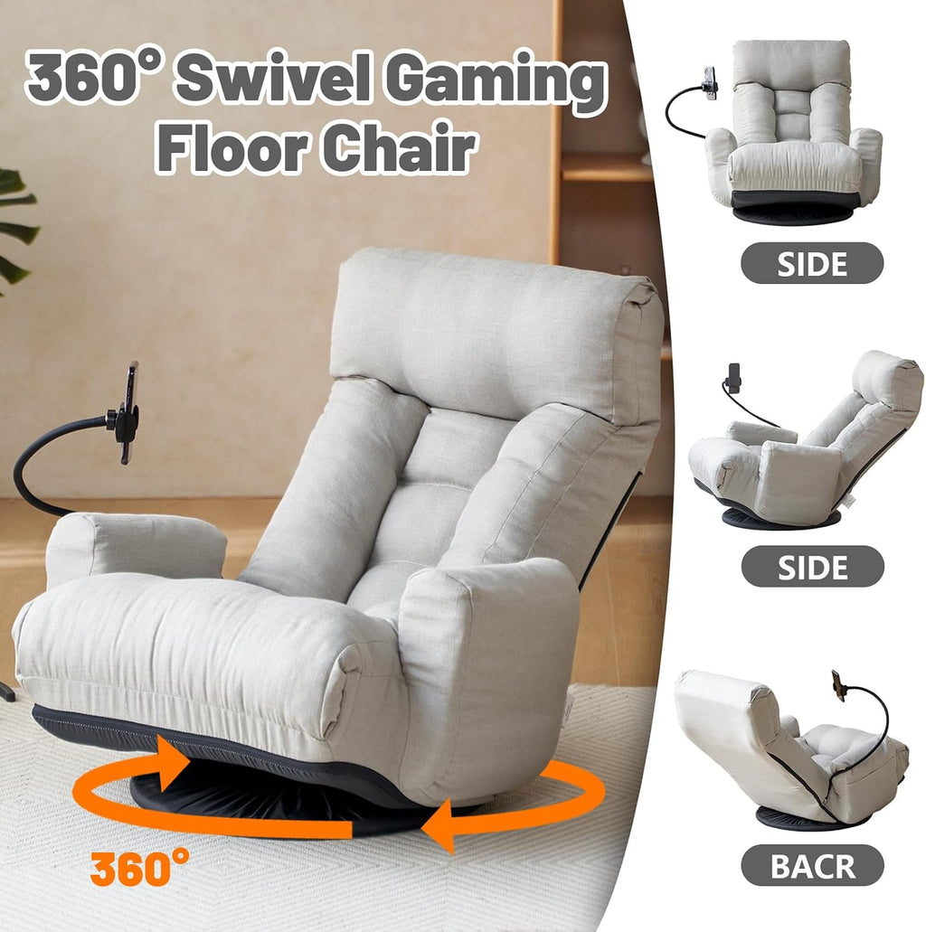 360° Swivel Gaming Floor Chair, 5 Position Adjustable Folding Sofa Chair with Armrests & Phone Holder, Cushion Padded Indoor Chaise Lounge for Adults, Home Office Floor Leisure Chairs, Grey