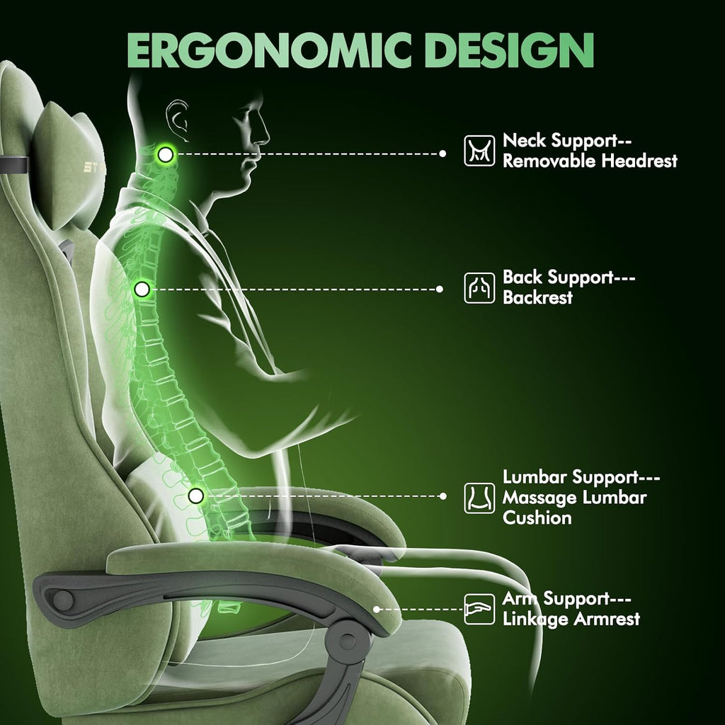 Soontrans Velvet Fabric Gaming Chair with Footrest, Comfortable Video Gamer Chair for Adult, Ergonomic Office Computer Desk Game Chairs with Massage Lumbar Cushion,Headrest