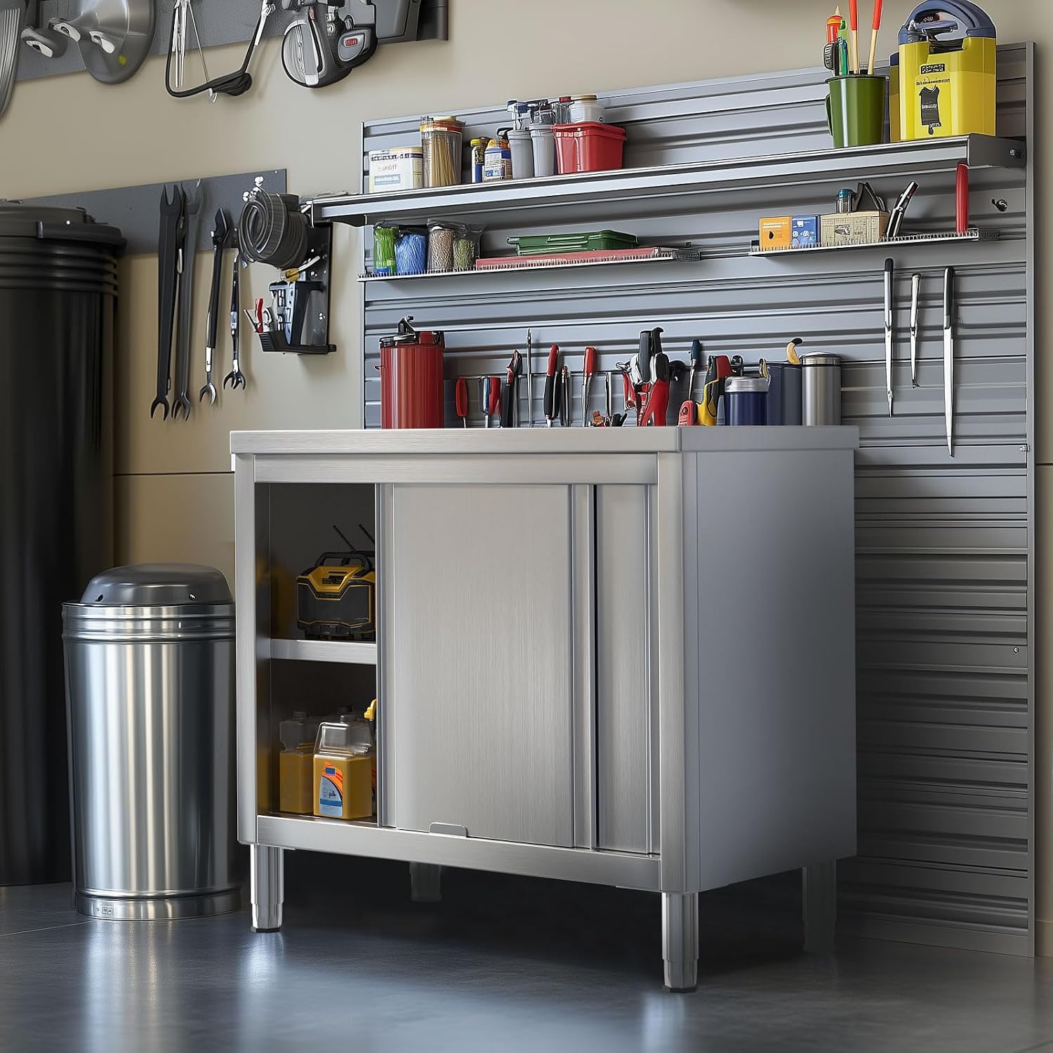 Stainless Steel Work Table with Cabinet 31'x20',Commercial Kitchen Workbench with Sliding Doors for Prep Work, Heavy Duty Prep Table for Restaurant,Garage,Warehouse