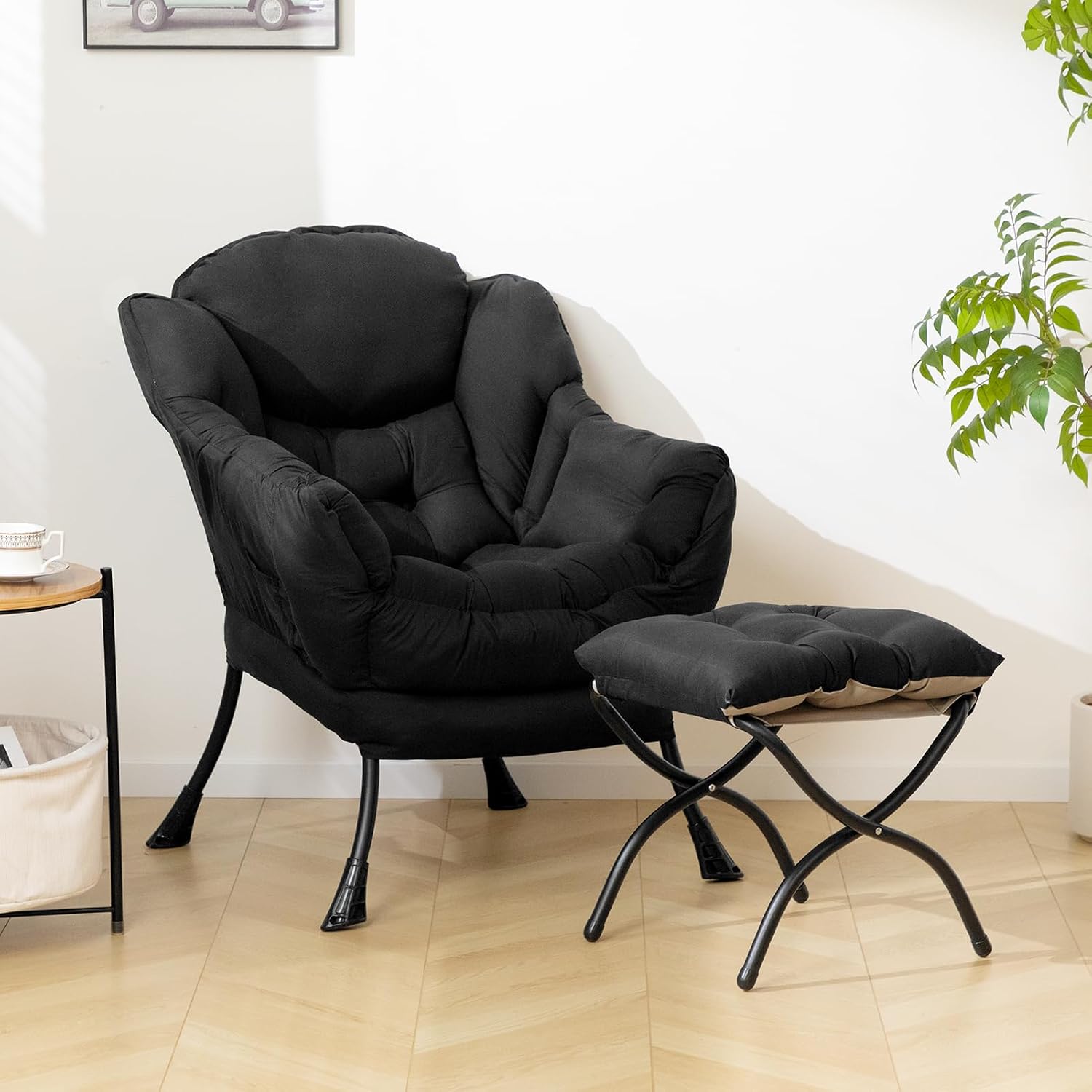 HollyHOME Lazy Chair with Foldable Ottoman, Accent Comfy Lounge Armchair and Folding Footrest Stool, Leisure Sofa Reading Chair and Footstool for Living Room, Bedroom, Dorm,Peachskin Fabric Black