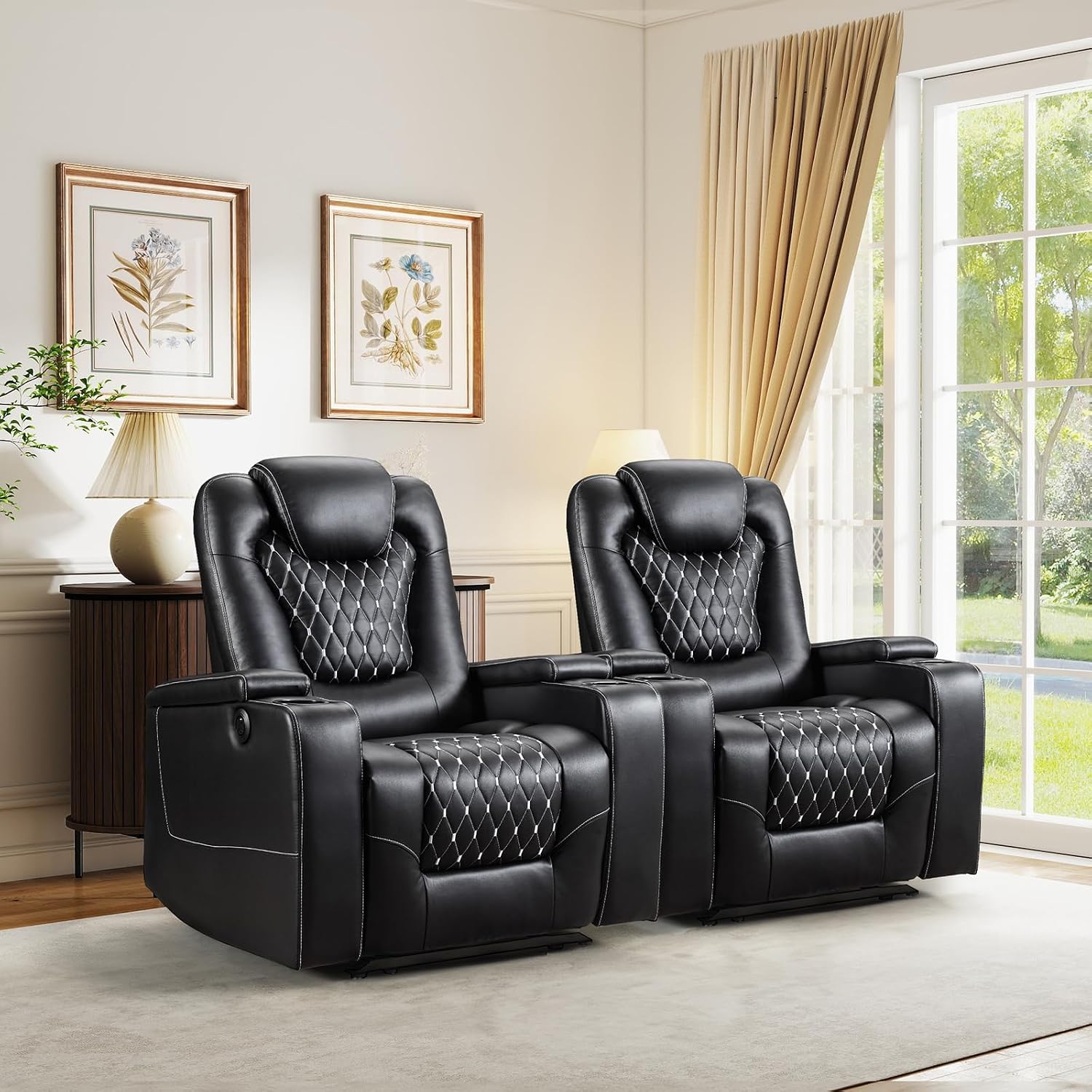 ANJ Power Recliner Chair with USB Ports and Cup Holders - Overstuffed Electric Home Theater Seating PU Leather Reclining Furniture with Hidden Arm Storage, Easy to Clean (Set of 2, Black)