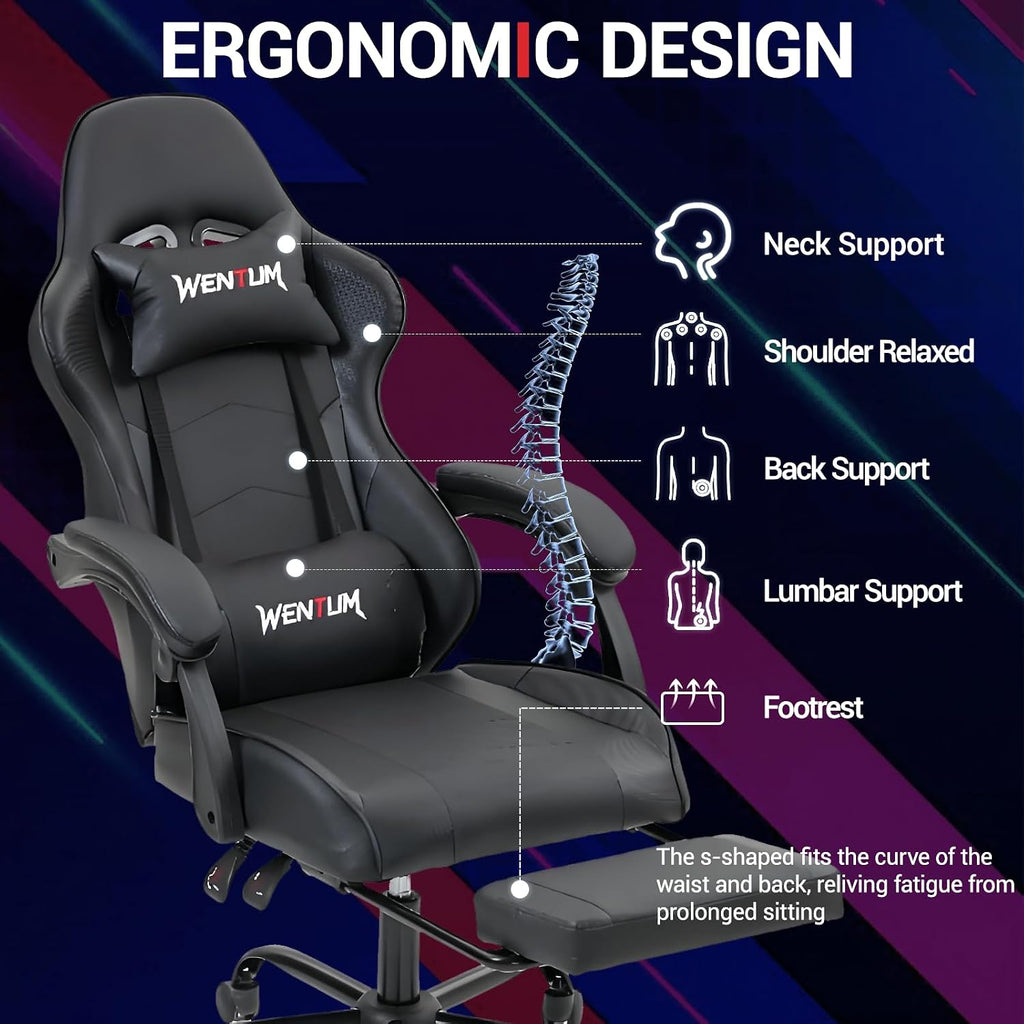 Gaming Chair, Video Game Chair with Footrest and Massage Lumbar Support, Height Adjustable Ergonomic Computer Chair with Swivel Seat and Headrest for Home Office Gaming, Black