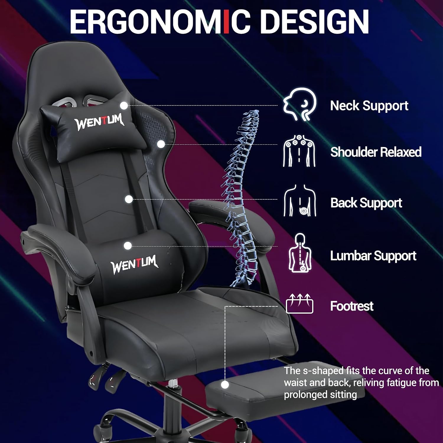 Gaming Chair, Video Game Chair with Footrest and Massage Lumbar Support, Height Adjustable Ergonomic Computer Chair with Swivel Seat and Headrest for Home Office Gaming, Black