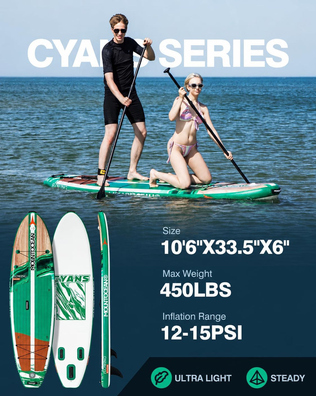 Mountocean 10'6' Inflatable Stand Up Paddle Board - 450lbs Max Capacity Ultra-Stable SUP for Adults & Youth - Non-Slip EVA Deck, All-Around ISUP with Complete Accessories