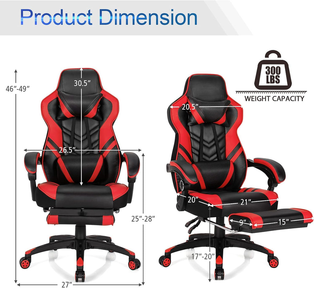POWERSTONE Gaming Chair Video Game Chair with Footrest and Lumbar Support Racing Style PU Leather Computer Chair Ergonomic Adjustable Swivel Task Chair Red