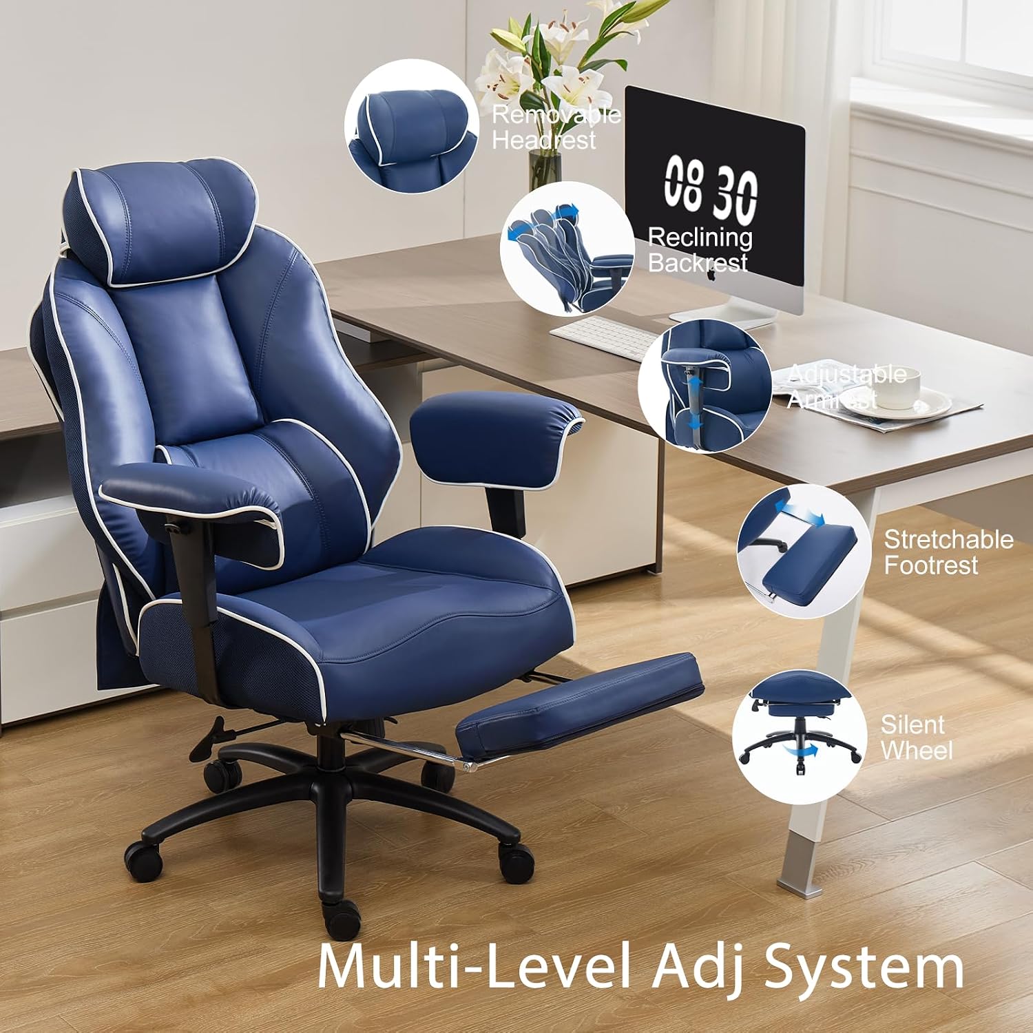 DJ·Wang Big and Tall Office Chair with Foot Rest, High Back Executive Office Chair PU Leather, Ergonomic Chairs with Lumbar Support, 135° Reclining Chairs with Thickened Spring Cushion Blue
