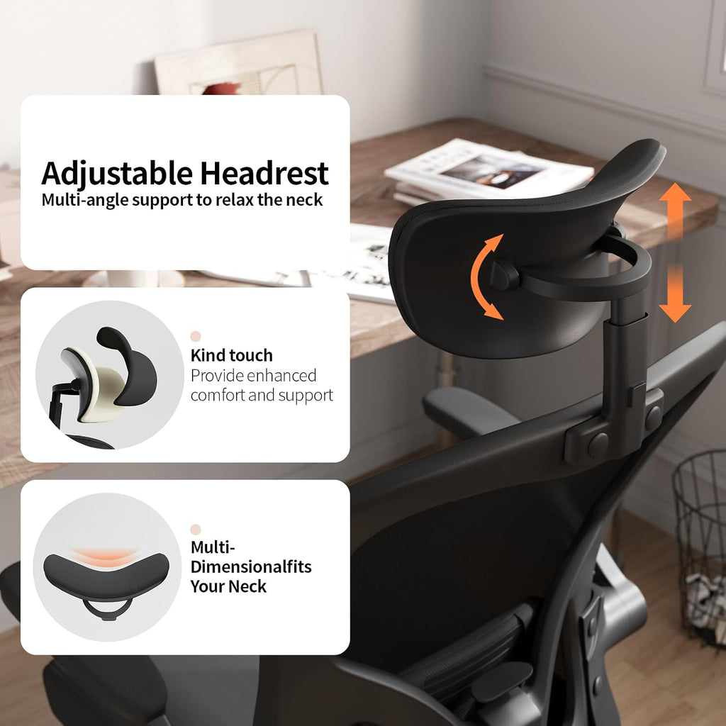 Monhey Office Chair Ergonomic Desk Chair with Lumbar Support&Headrest&Flip-up Arms Height Adjustable Rocking Swivel High Computer Chair Multi-Angle from 90° to 125° with 350LBS Capacity (03All Black)