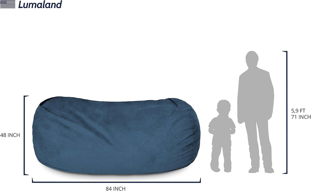 Lumaland Luxurious 7ft Giant Bean Bag Chair with Microsuede Cover - Ultra Soft, Foam Filled and Washable XXL Bean Bag for Teens, Adults, Pets - Accessory for Dorm, Living Room, House - Navy Blue