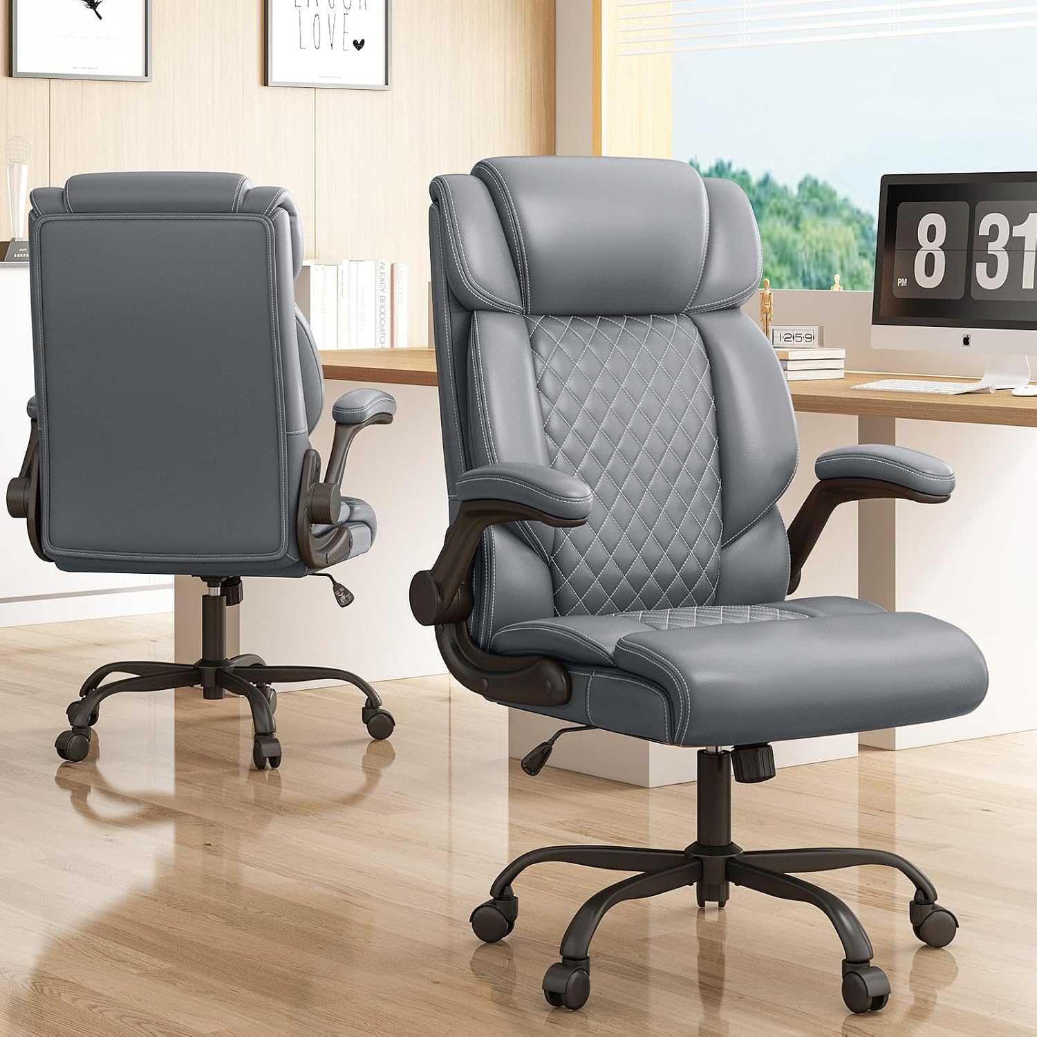 Office Chair-Executive High Back Breathable Comfy Desk Chair with Flip-up Armrests Lumbar Support-Ergonomic Leather Rolling Swivel Chair with Rock Function for Working,2 Pack