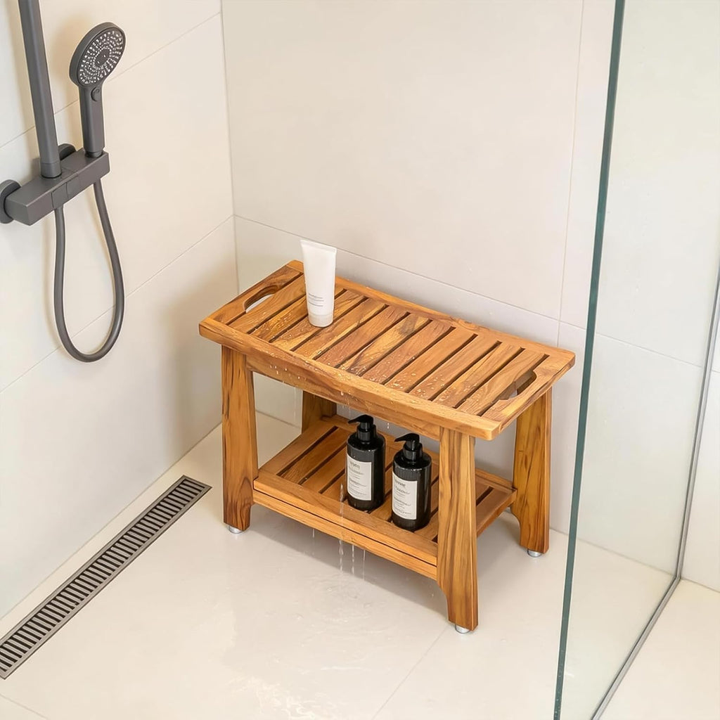 24' Large Teak Shower Bench with Shelf & Handle - Waterproof Spa Stool, Non-Slip Leveling Feet & 300 lbs Capacity - for Showers, Saunas/Steam Rooms & Outdoor Pools (Patented)