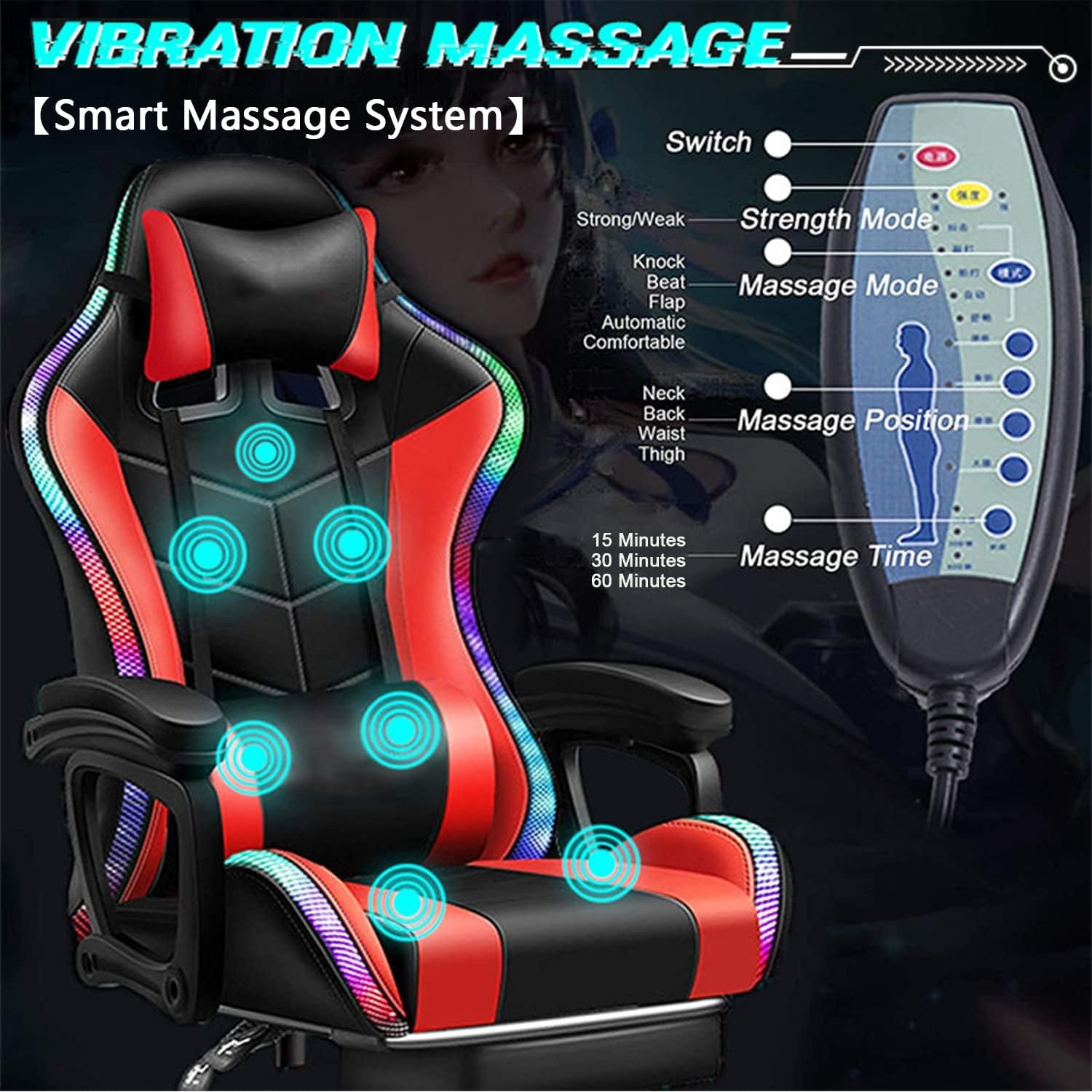 Gaming Chairs for Kids Adults Video Game Chair with LED Lights and Speakers Ergonomic 7-Point Massage Computer Chairs High Back Office Chair with Footrest and Lumbar Support Headrest,Black