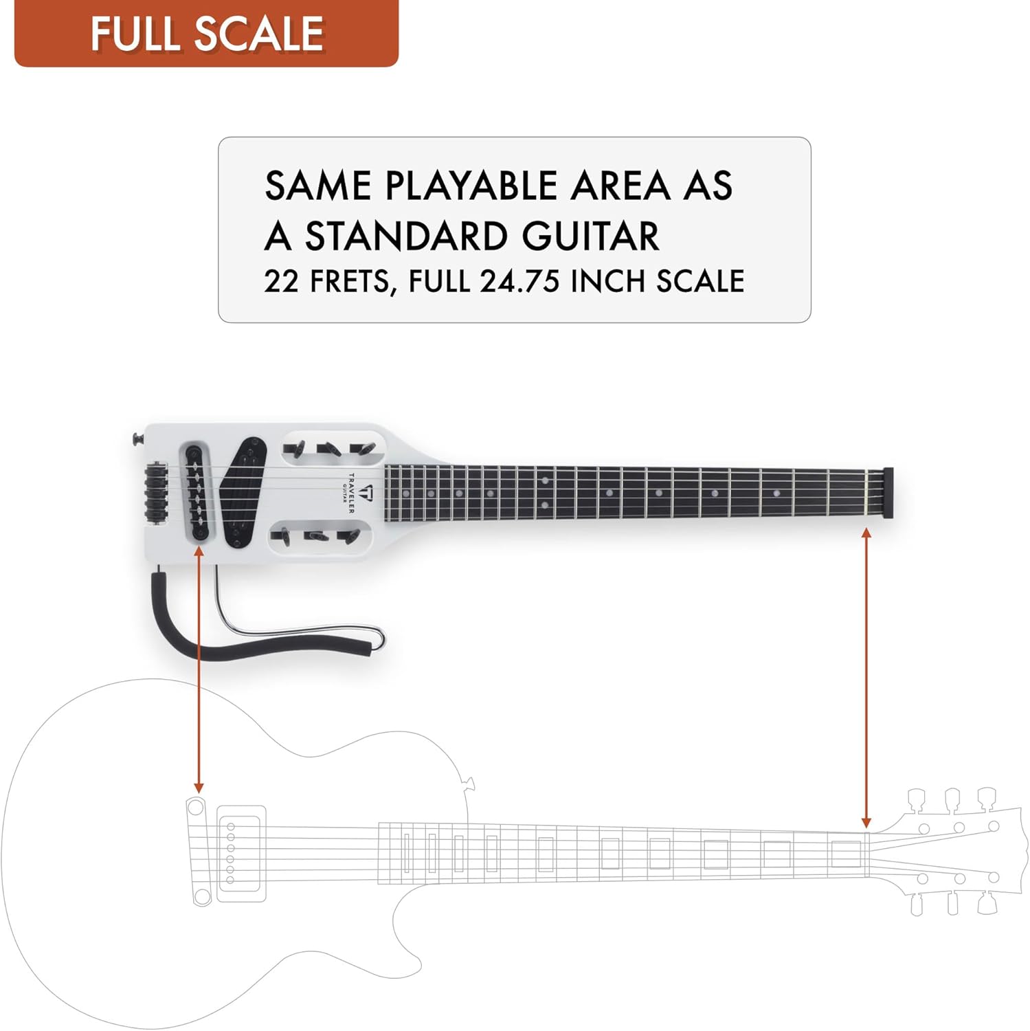 Traveler Guitar Ultra-Light Electric Guitar Satin White | Portable Electric with Removable Lap Rest | Full 24 3/4' Scale Headless Guitar | Custom Gig Bag Included