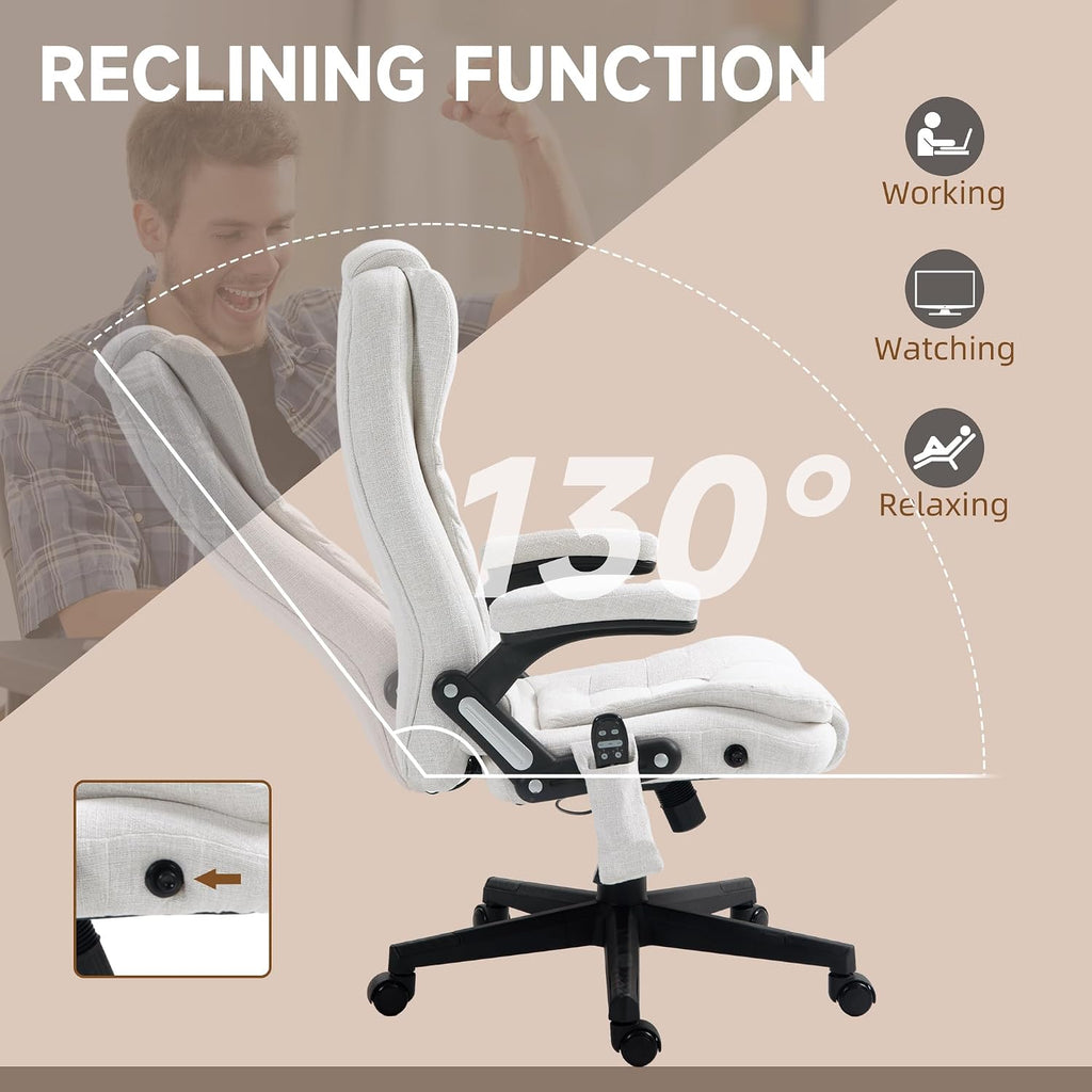 Vinsetto 6 Point Vibrating Massage Office Chair with Heat, Linen High Back Executive Office Chair with Reclining Backrest, Padded Armrests and Remote, Cream White