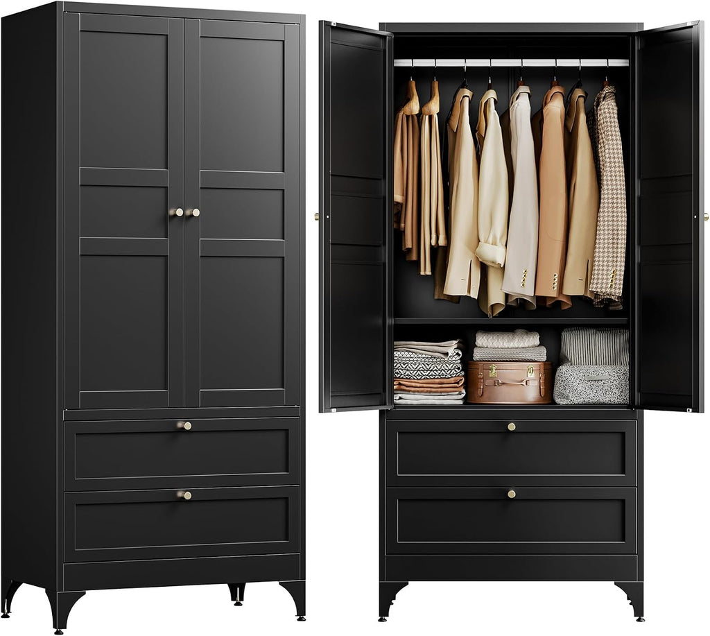Letaya 71' Metal Wardrobe Cabinets with 2 Drawers,Steel Armoire Wardrobe Closet with Doors and Shelves,Clothing Storage Cabinets with Hanging Rod for Bedroom, Gym, Cloak Room,Black
