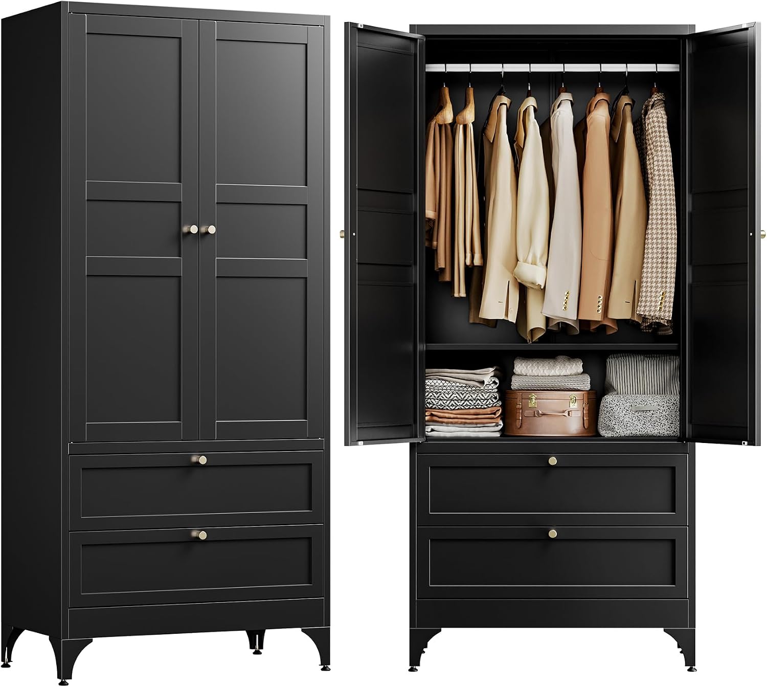 Letaya 71' Metal Wardrobe Cabinets with 2 Drawers,Steel Armoire Wardrobe Closet with Doors and Shelves,Clothing Storage Cabinets with Hanging Rod for Bedroom, Gym, Cloak Room,Black