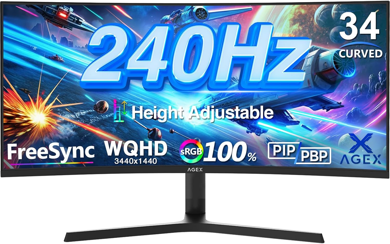 Z-Edge 34' Curved Gaming Monitor, WQHD 1440P 240Hz 165Hz Computer Monitor, MPRT 1ms, 21:9 Aspect Ratio, 1500R，16.7M Colors, 4000:1 Contrast, AG34P Edgeless, Height Adjustable 2X DP and 2X HDMI