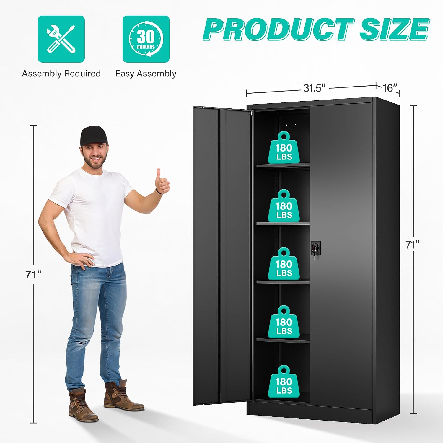 SISESOL Metal Storage Cabinet with 2 Doors and 5 Shelves,71' Lockable Garage Storage Cabinet,Black Metal Cabinets with Lock,Locking Steel Cabinets for Home,Office,Garage,Shop,School