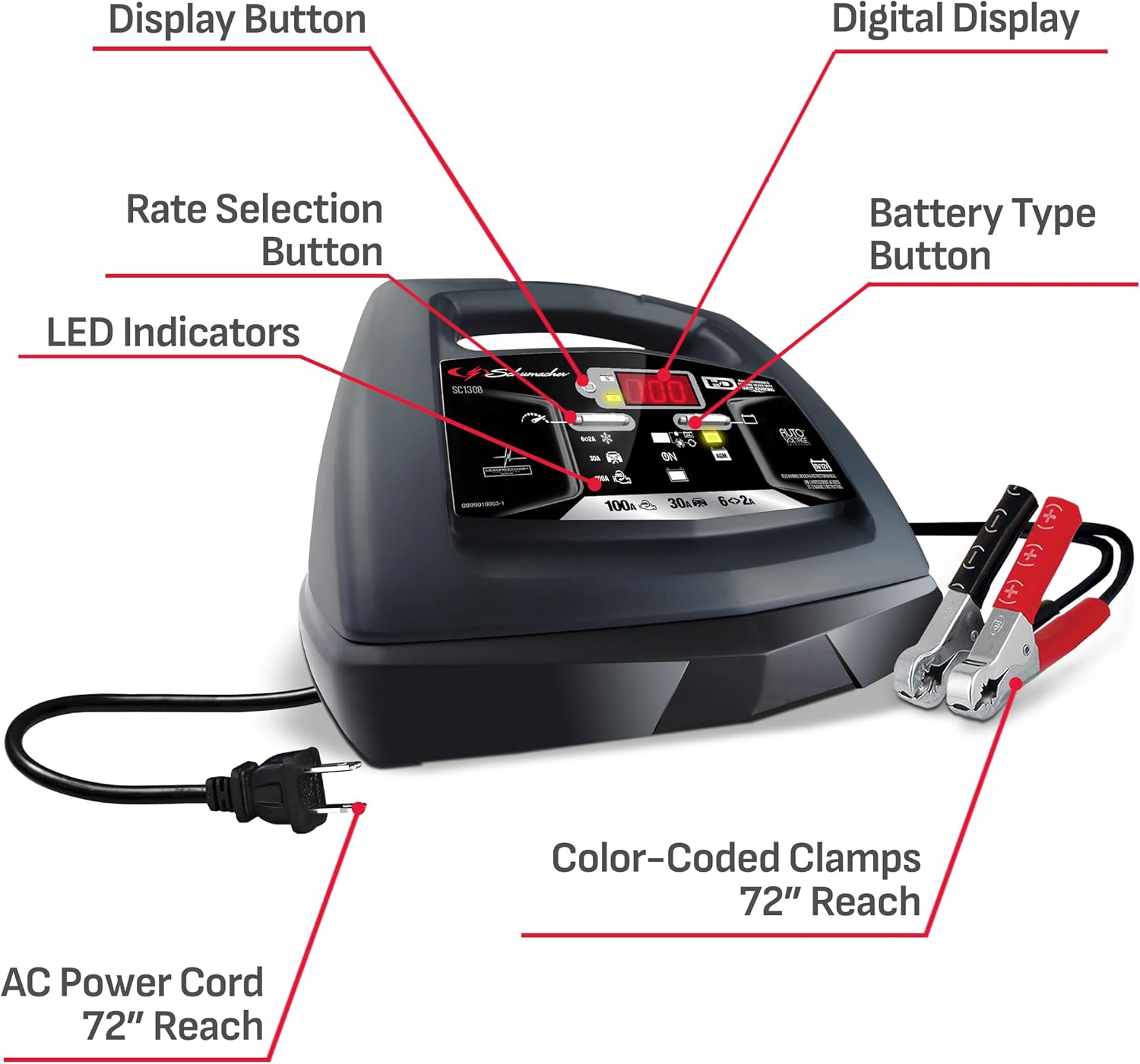 Schumacher Electric 6A Car Battery Charger and 100A Engine Starter, 6-in-1 Solution, Maintainer, 30A Boost, for 6V/12V Power Sport, Automotive, and Marine Batteries, SC1308