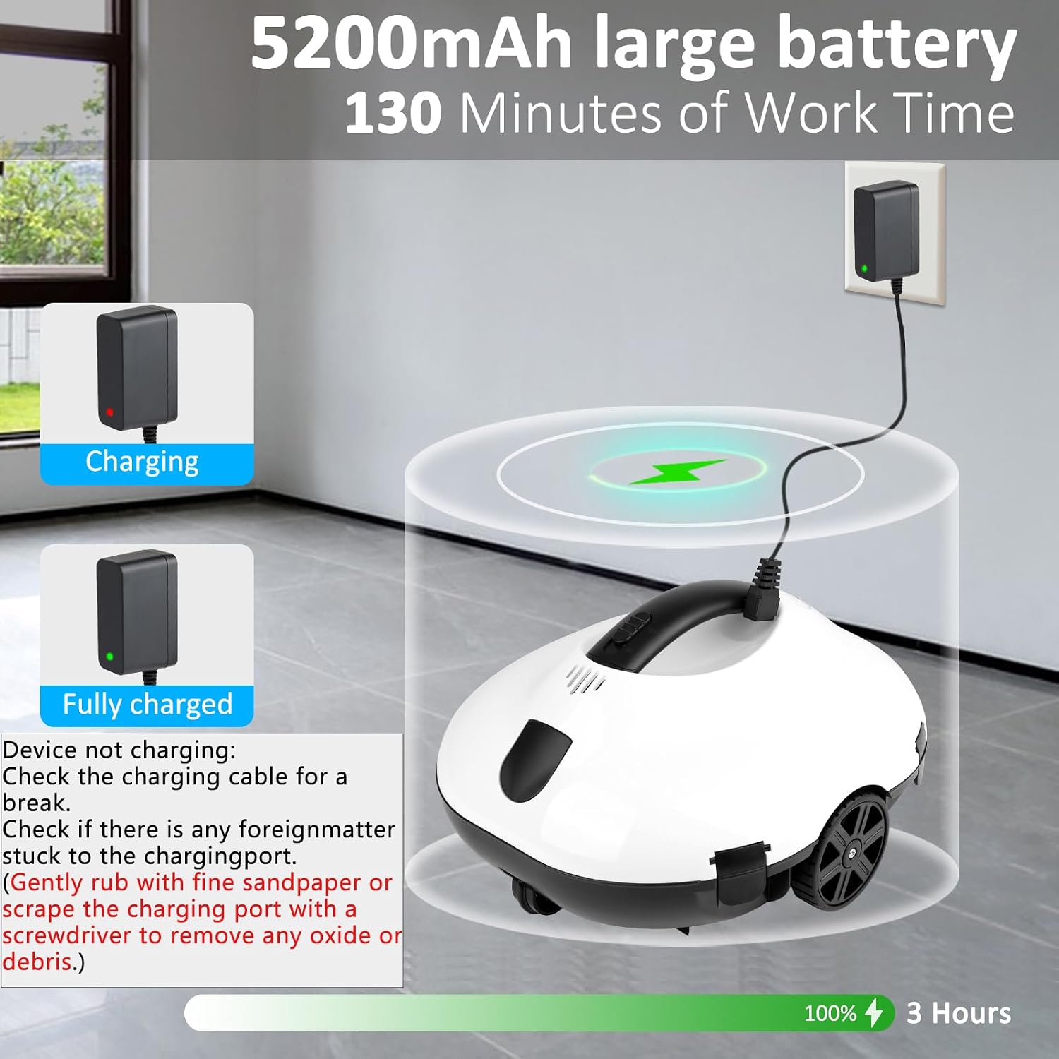 130 Mins Runtime Cordless Robotic Pool Cleaner Portable Lightweight Automatic Vacuum Self-Parking 5200mAH Fast Charging Powerful for Above-Ground Swimming Pool up to 861Sq.ft (White)