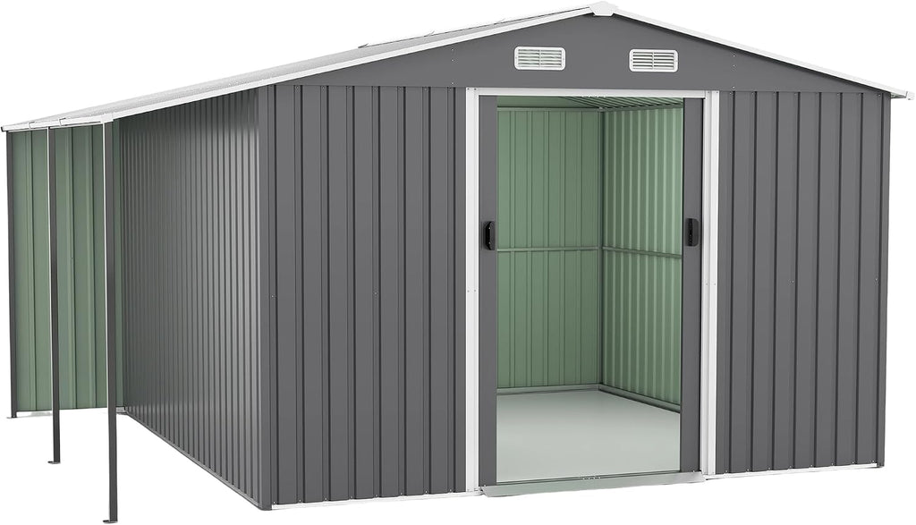 10x12 ft Metal Storage Shed with Open Firewood Bay, Steel Outdoor Storage Shed with Window and Lockable Doors, Extra Large Tool Sheds House with Vents, for Garden, Backyard, Patio, Dark Gray