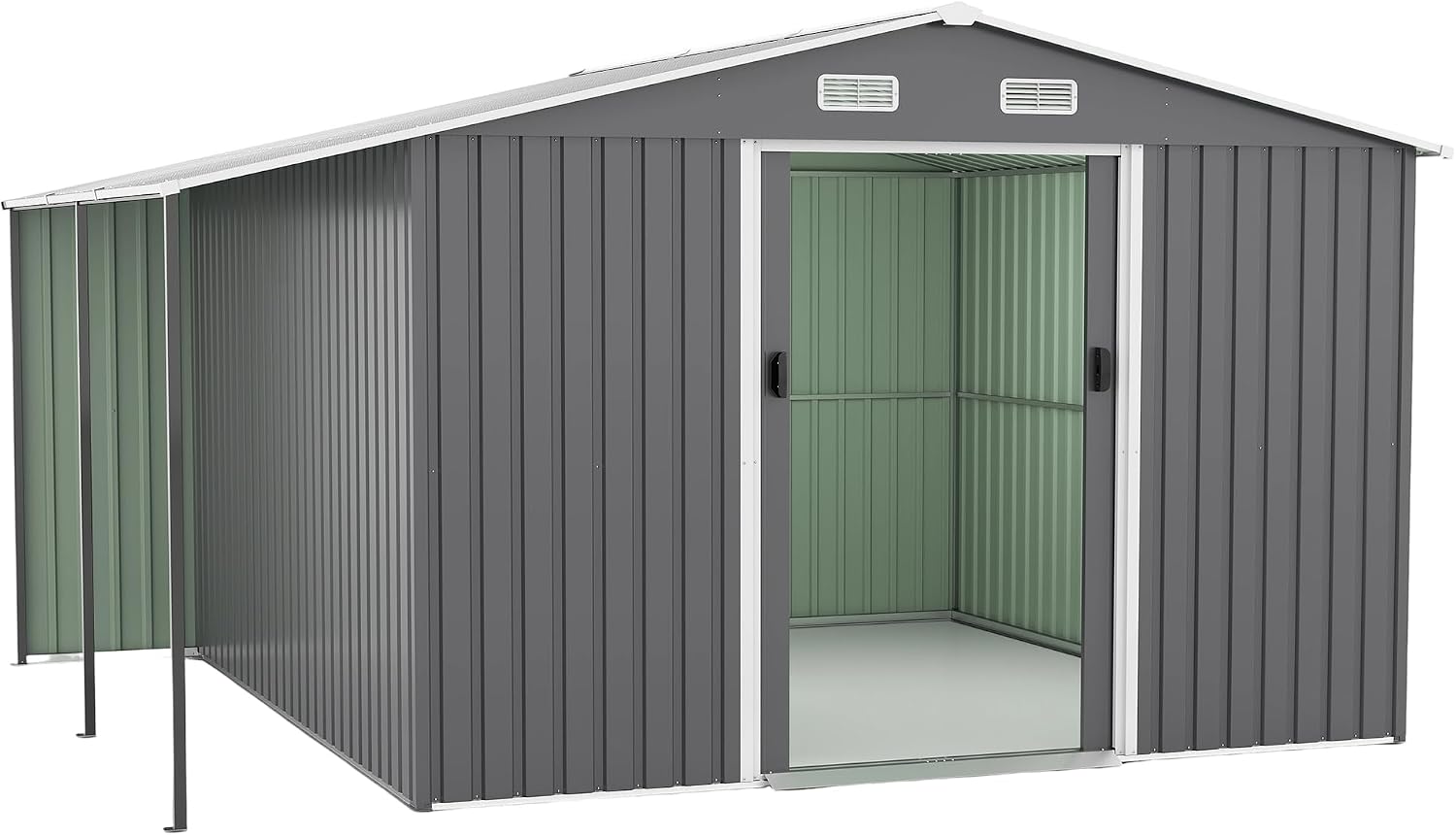10x12 ft Metal Storage Shed with Open Firewood Bay, Steel Outdoor Storage Shed with Window and Lockable Doors, Extra Large Tool Sheds House with Vents, for Garden, Backyard, Patio, Dark Gray